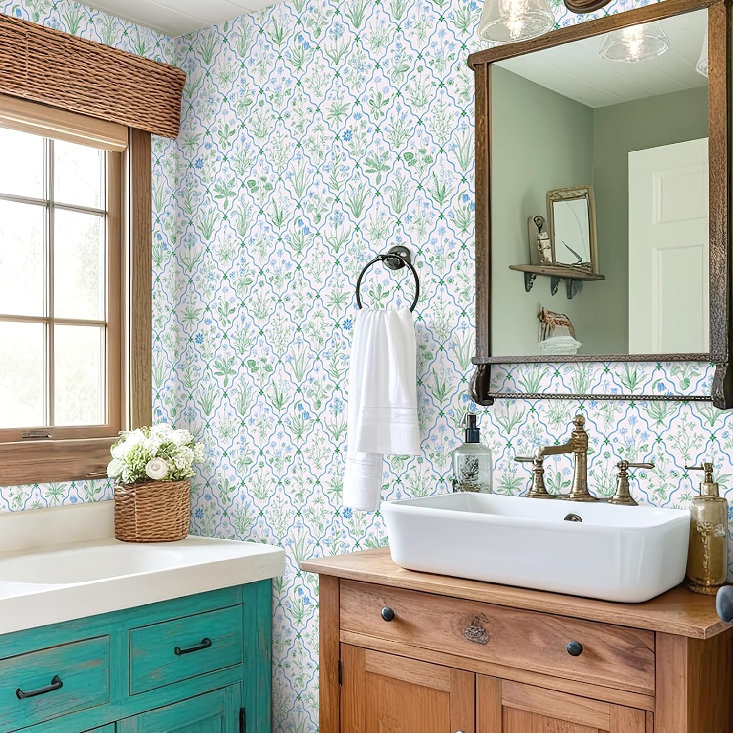 CRE8TIVE Vintage Herbs Floral Peel and Stick Wallpaper Blue Green Bluebell Bellflower Wildflower Wallpaper for Bedroom Bathroom Self Adhesive Botanical Floral Contact Paper for Walls Cabinets 12"x118"