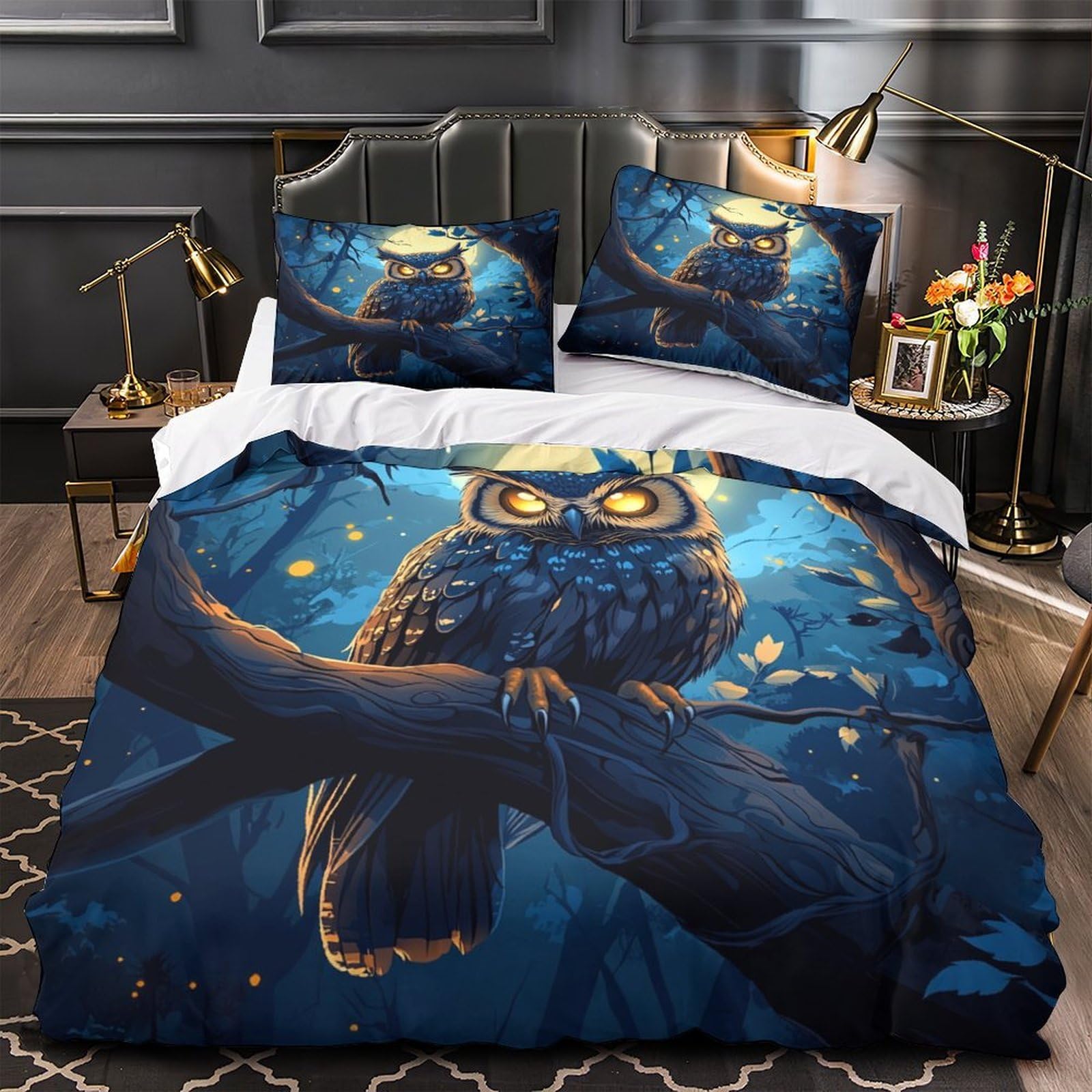 Parure de lit forêt de chouettes King 220x240 avec housse de couette microfibre pour fille