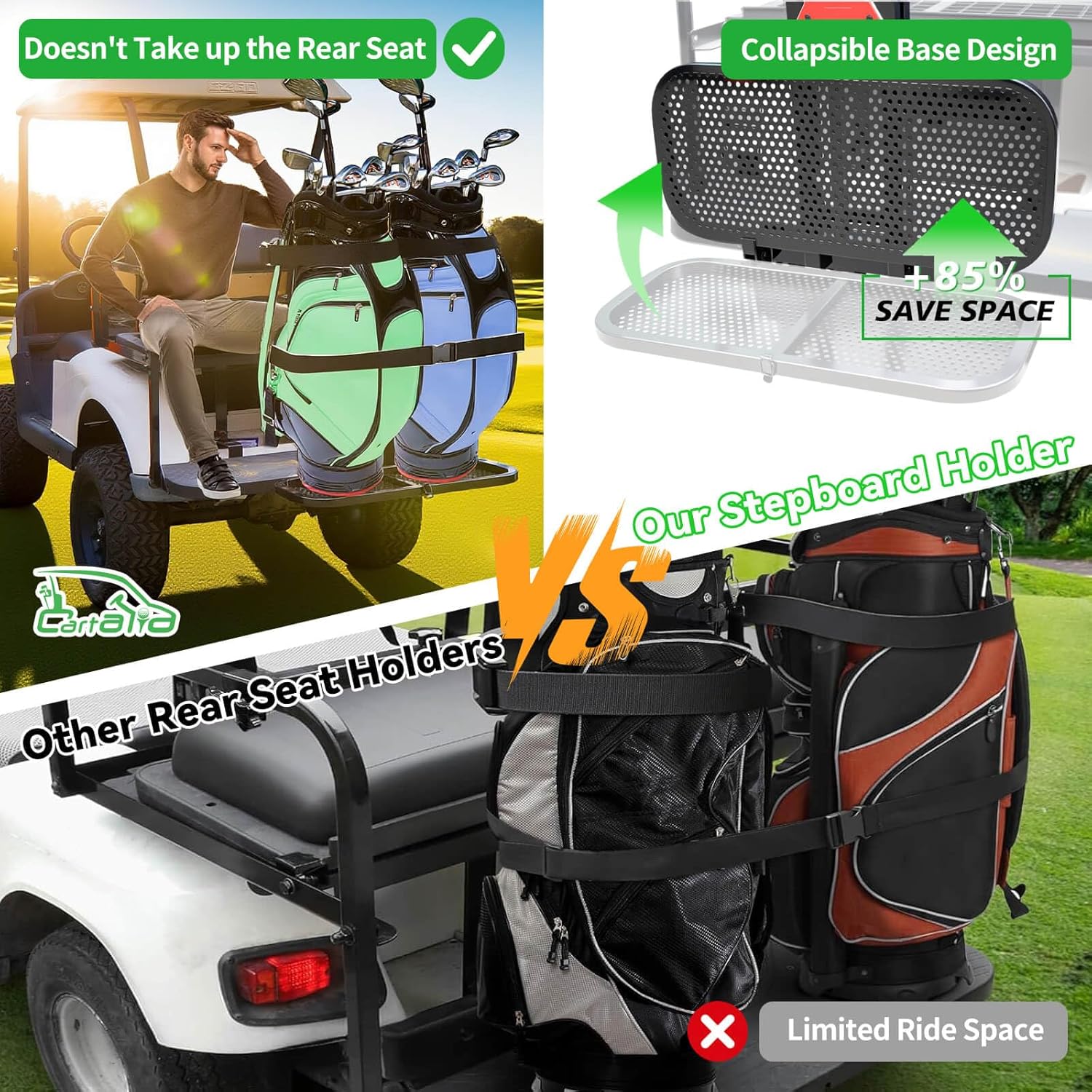 2-in-1 Foldable Metal Steel Golf Cart Rear Seat Bag Holder, Upgraded Stepboard Rack Attachment for EZGO Club Car Yamaha, Fits Normal 8'' Wide & 24.2" Widening Safety Grip Bar, No-Drill