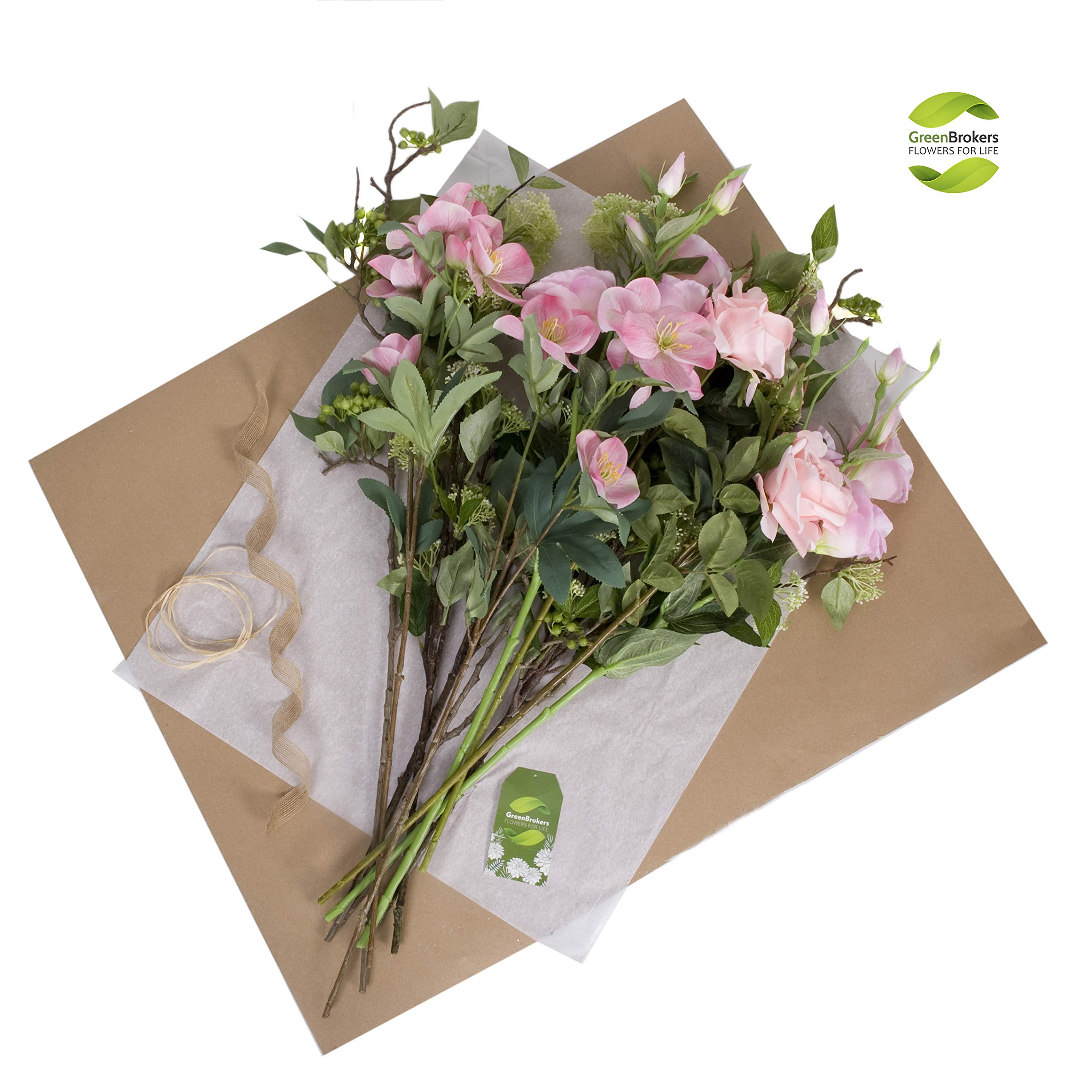 GreenBrokers Bouquet Artificiel Rose de qualité supérieure emballé dans Un Cadeau - 12 pièces d'arrangement Floral avec des Roses, des Hellebores, des Baies et de la Verdure