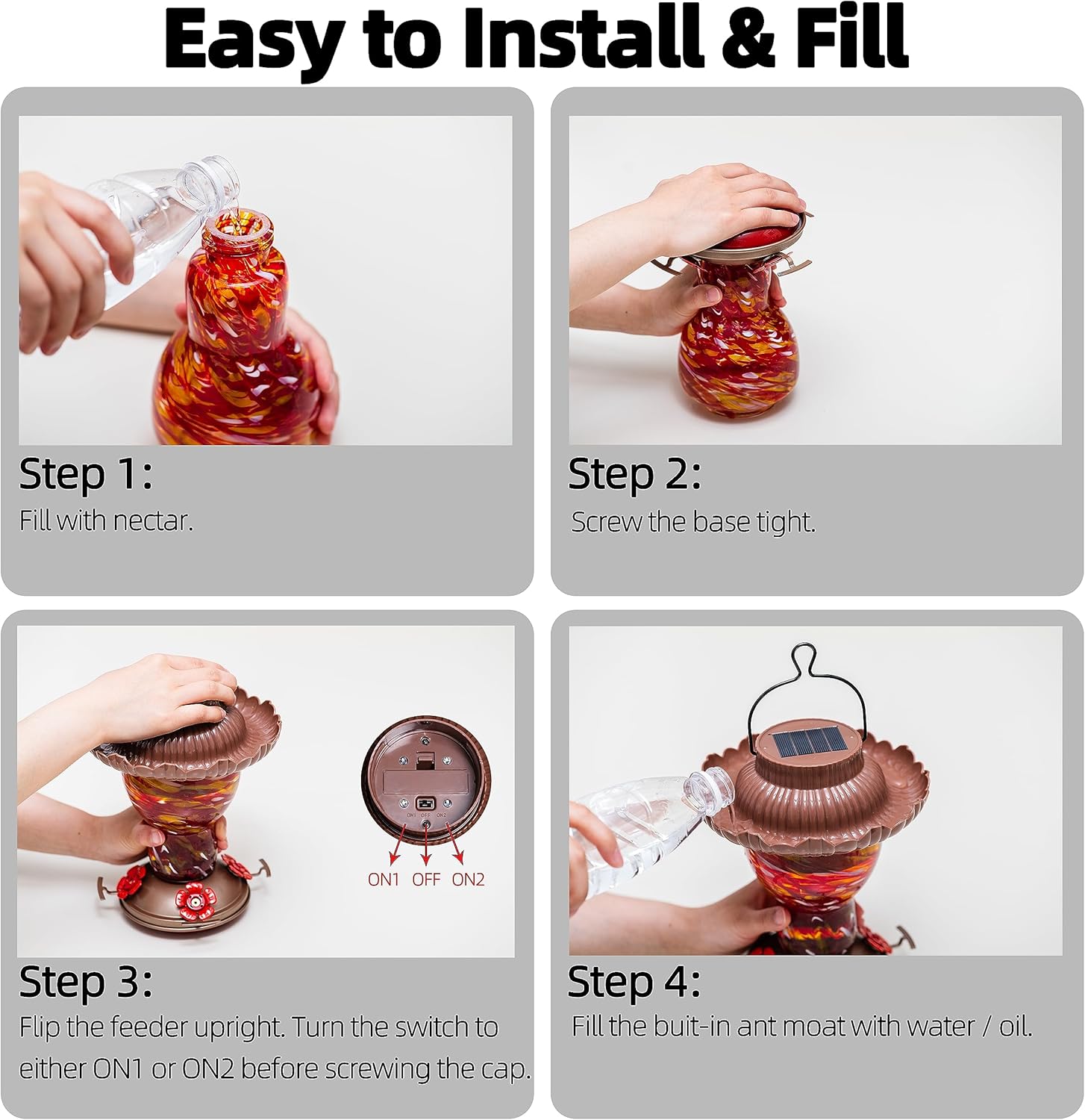 Solar Hummingbird Feeder for Outdoors Hanging Ant and Bee Proof, 25oz Color Changing Light Hand Blown Glass, Leakproof Garden Decor, Gitfs for Bird Lover - Image 3