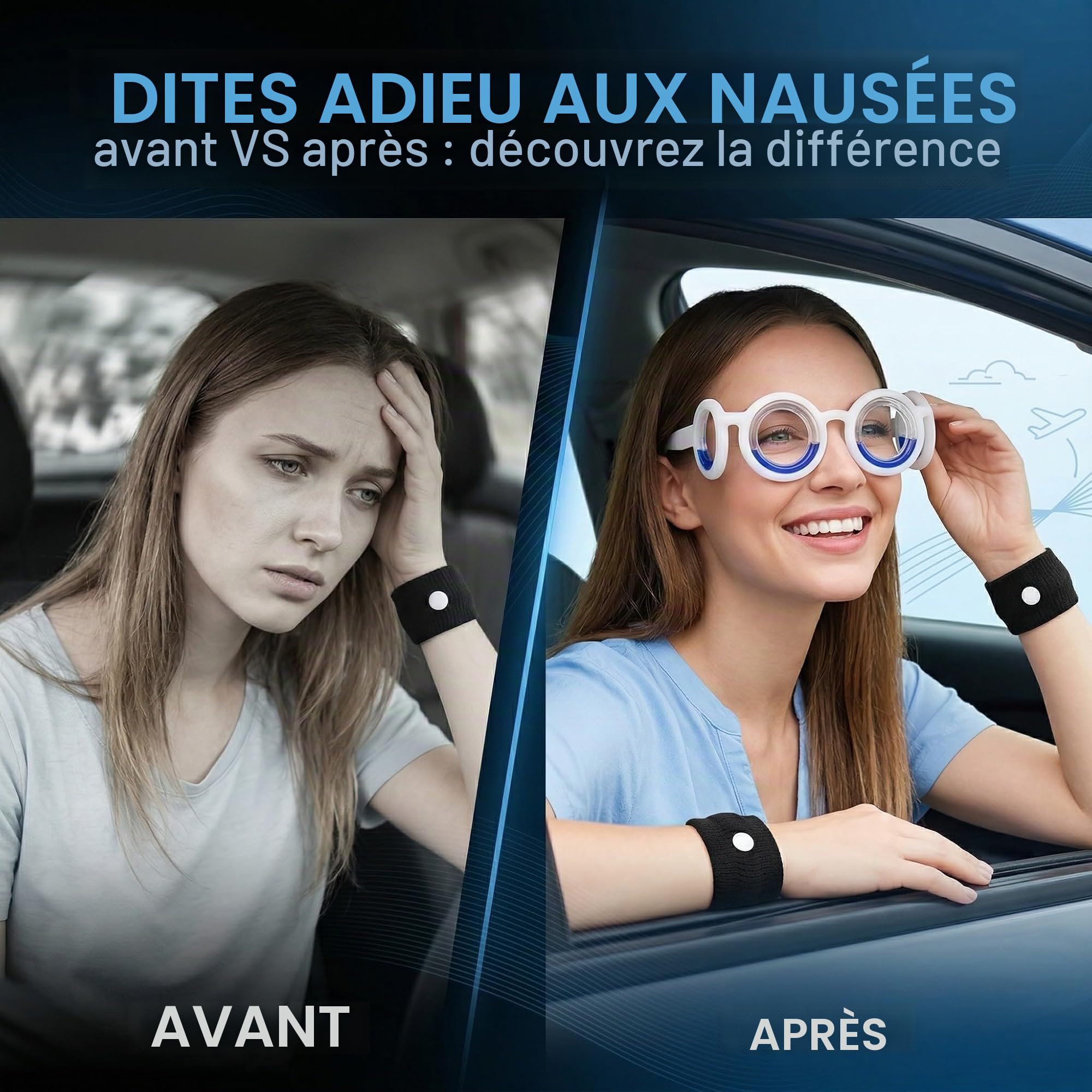 Lunettes Anti Mal des Transports et Anti Nausée, avec 2 Bracelets Anti Vomissement, pour Voiture, Bateau, Croisière et Avion