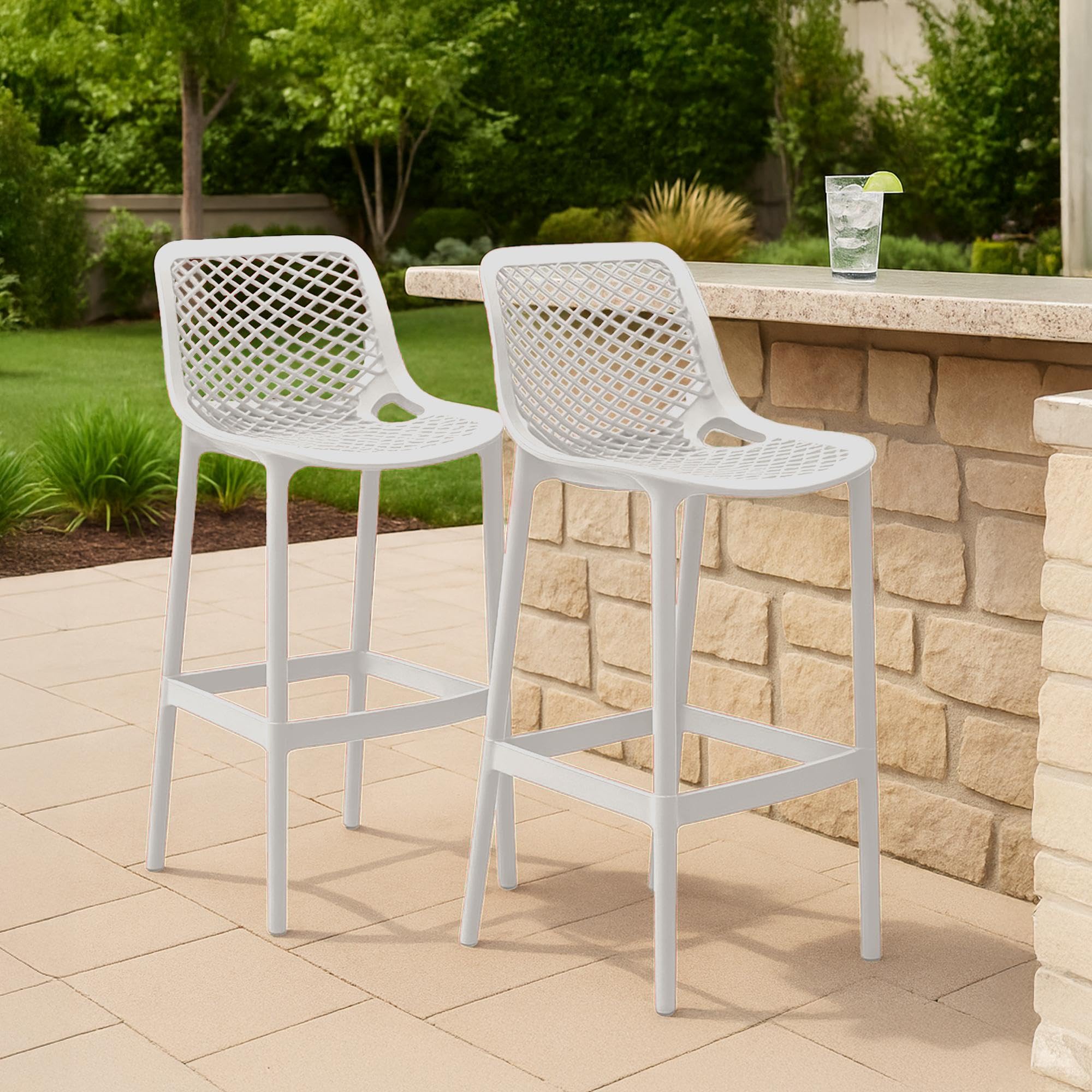 CLP Barhocker 2er Set Garten wetterfest Air, Gartenstühle mit Lehne, Tresenstühle wetterfest UV-beständig aus Kunststoff, bis 160 kg, Farbe:weiß