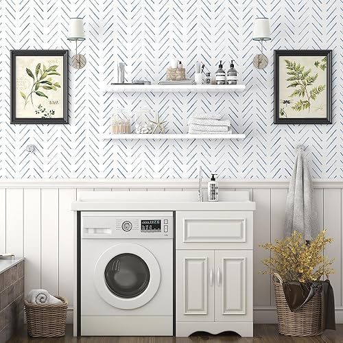 Miniatura 5 de Papel tapiz de rayas de espiga para despegar y pegar, papel tapiz de 17.3 x 78.8 pulgadas, papel de pared blanco y azul, papel de contacto bohemio,