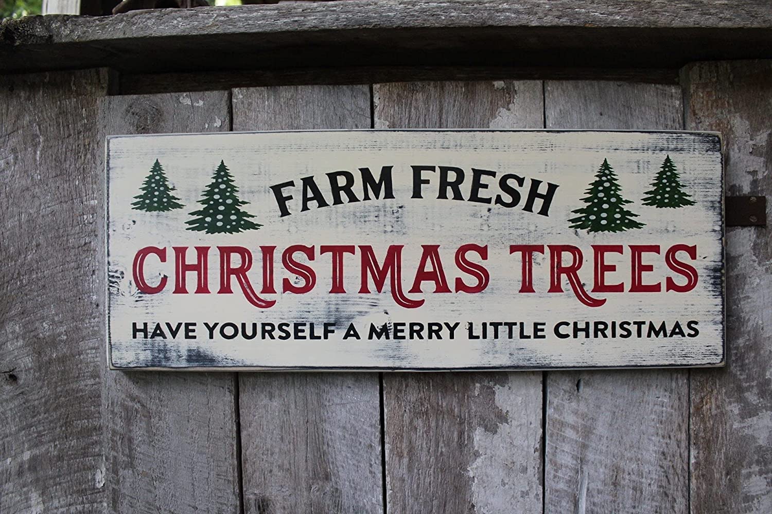 Vintage Metal Sign 16x4inch Tin Sign Plaque Poster, Farm Fresh Christmas Tree, Give Yourself a Merry Little Christmas Sign for Garage Bar Bar Family Man Cave Wall Decor