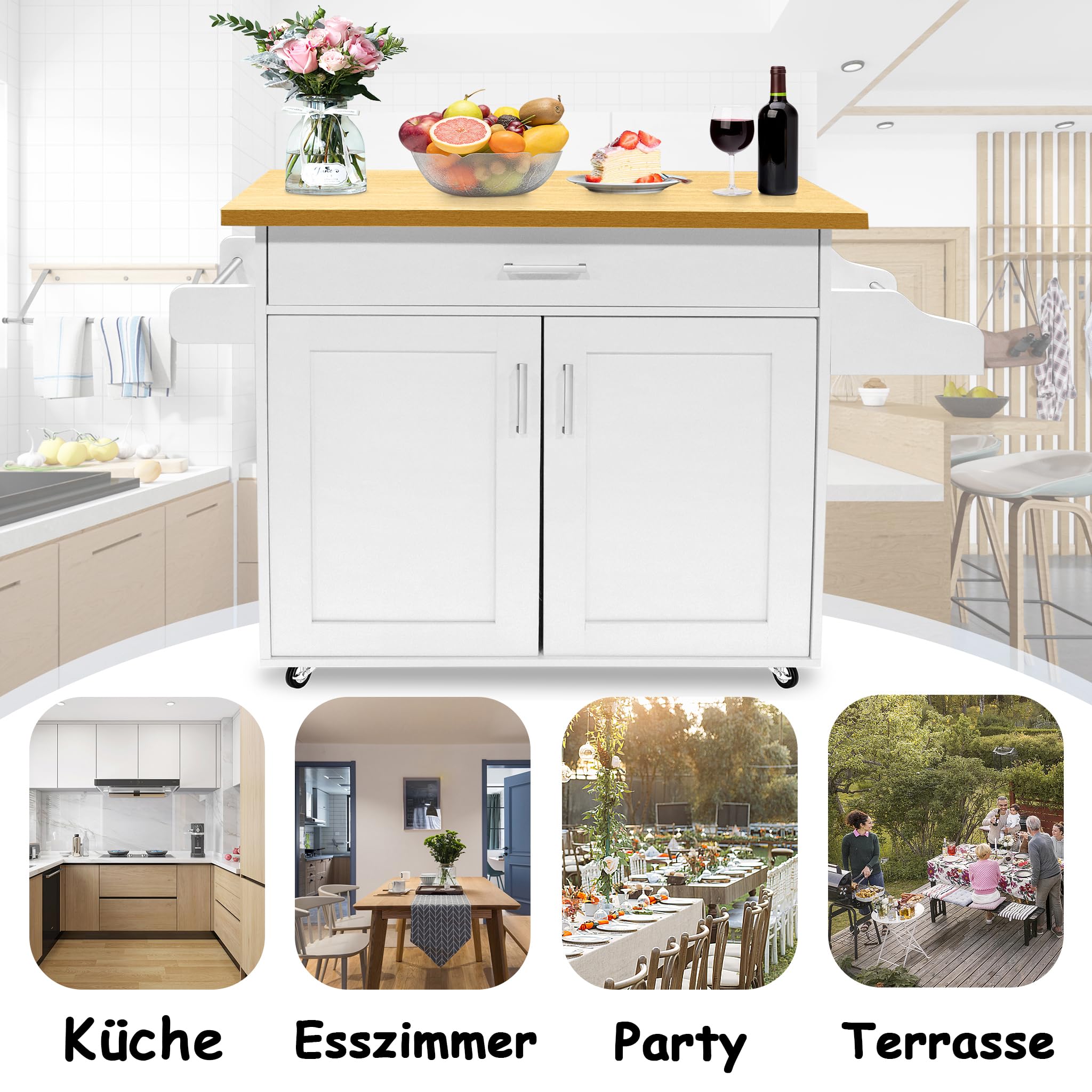 NAIZY Armoire de cuisine avec plan de travail, roulettes et tiroirs - Chariot de cuisine verrouillable - 115 x 36 x 90 cm