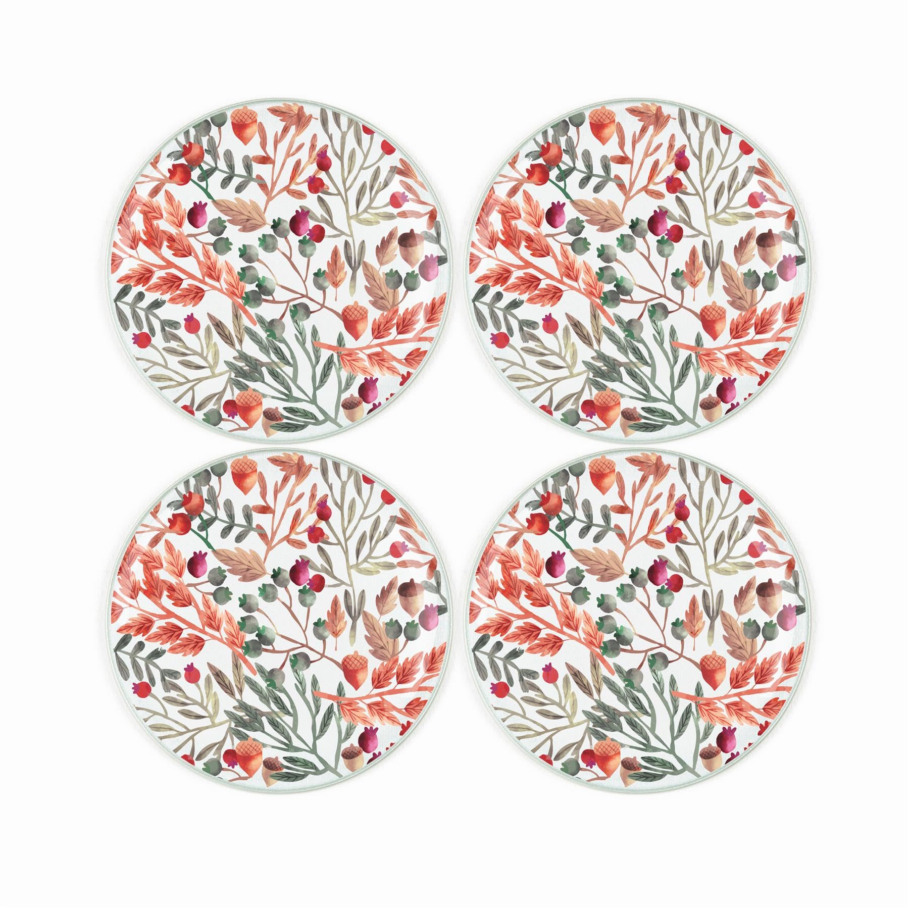 Autumn Acorns Coaster Set - Round Glass Flowers Drinks Coasters Set Gift