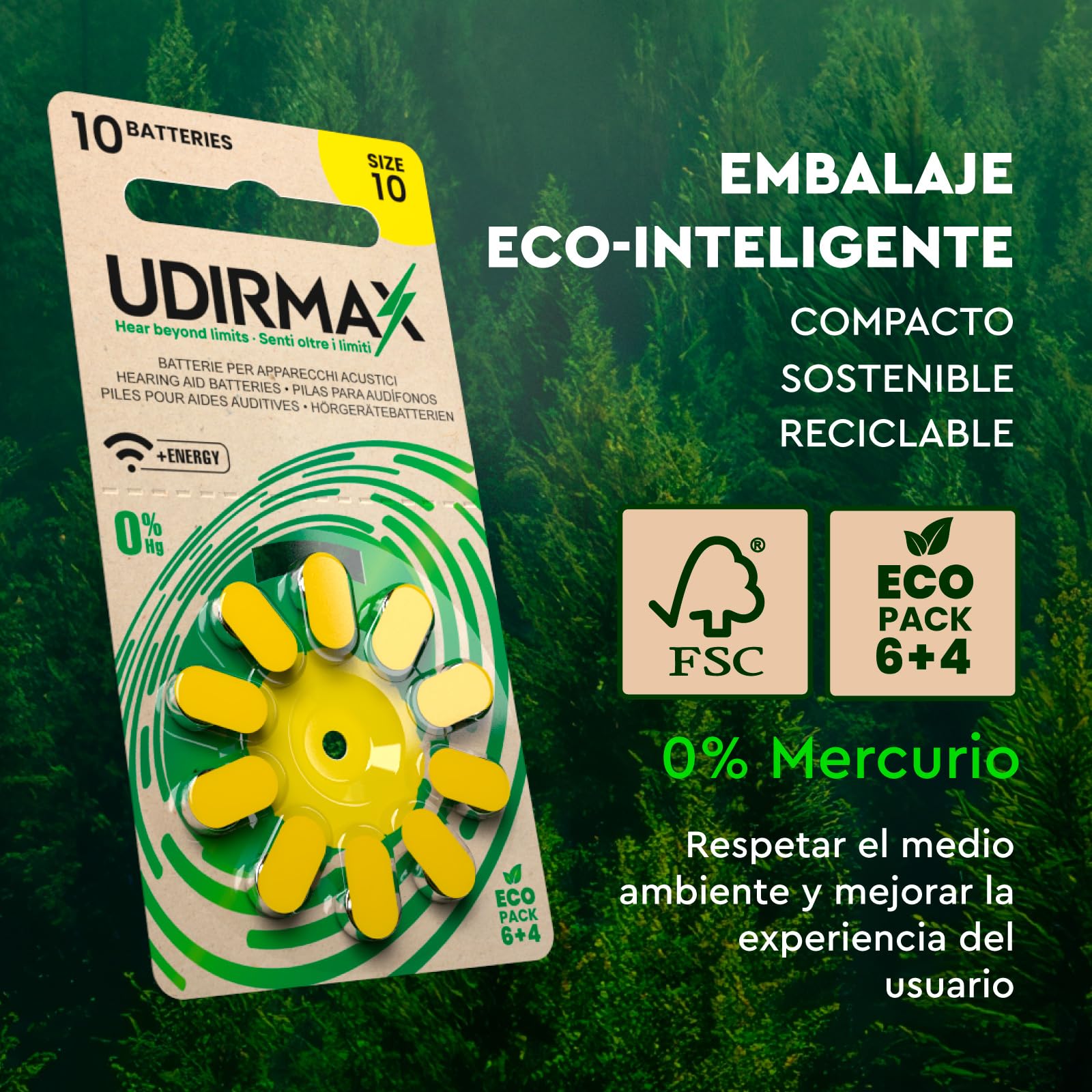 60 Baterías para Audífonos Tamaño 10 Udirmax Pilas PR70 Amarillas Zinc-Aire 1,45V Eco Pack - 6 Blísteres Ecológicos de 10 Pilas