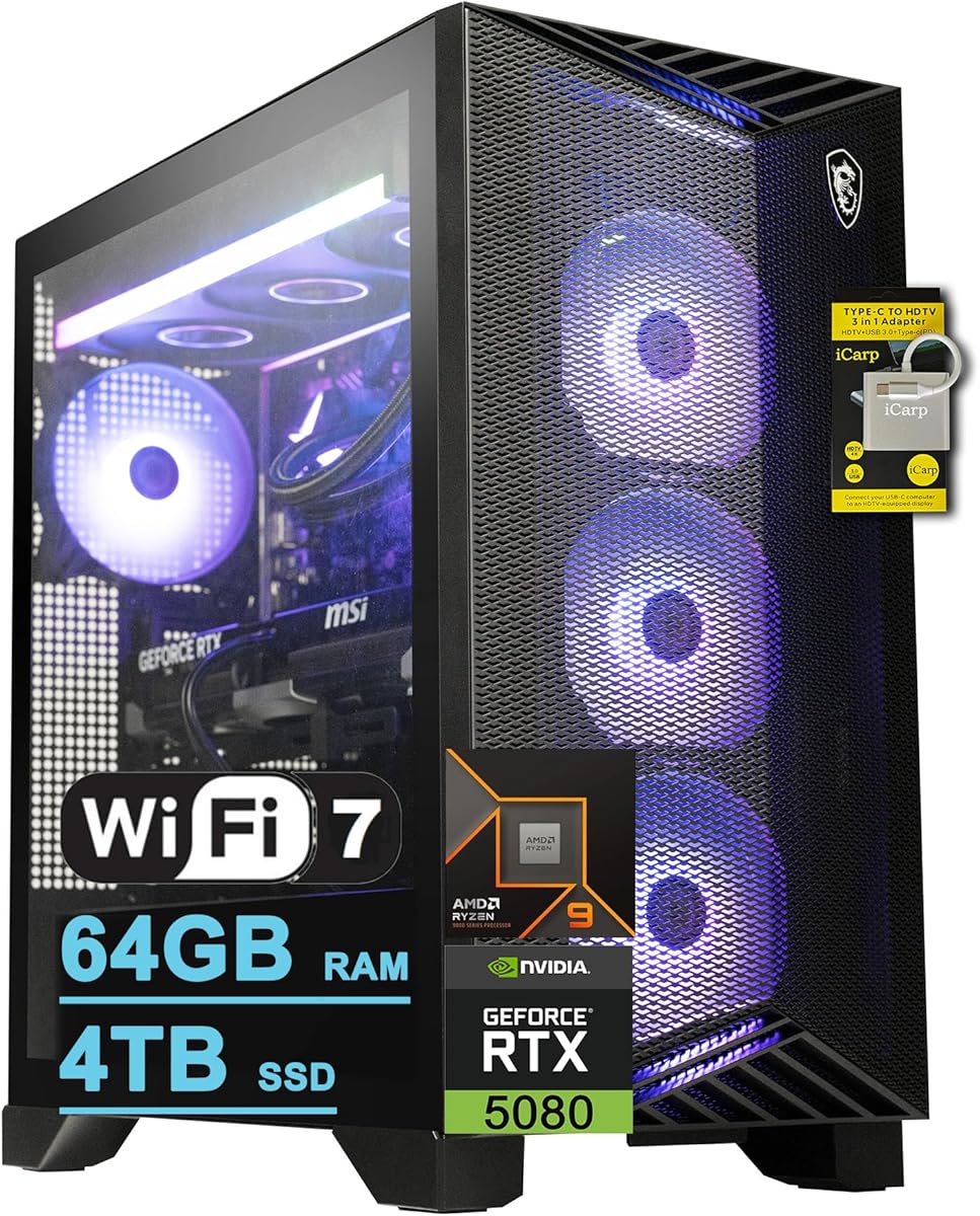 msi Aegis ZS2 Gaming Desktop AMD 12-core Zen 5 Ryzen 9 9900X 64GB RAM 4TB SSD GeForce RTX 5080 DLSS 4 360mm Liquid Cooler 850W 80+ Gold PSU Support HDD Win11 w/ICP Hub : Electronics