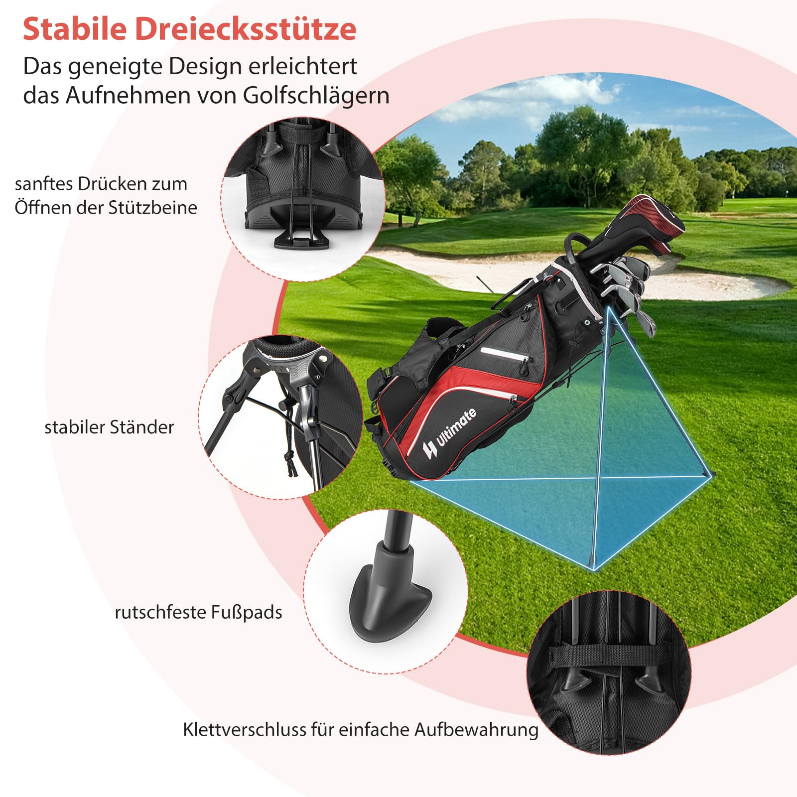 GYMAX Golf-Standtasche tragbar, Golftasche mit 14 Fächern & 6 Taschen, Golftaschenständer mit Regenhaube & Tragegriff, Standbag für Herren & Damen