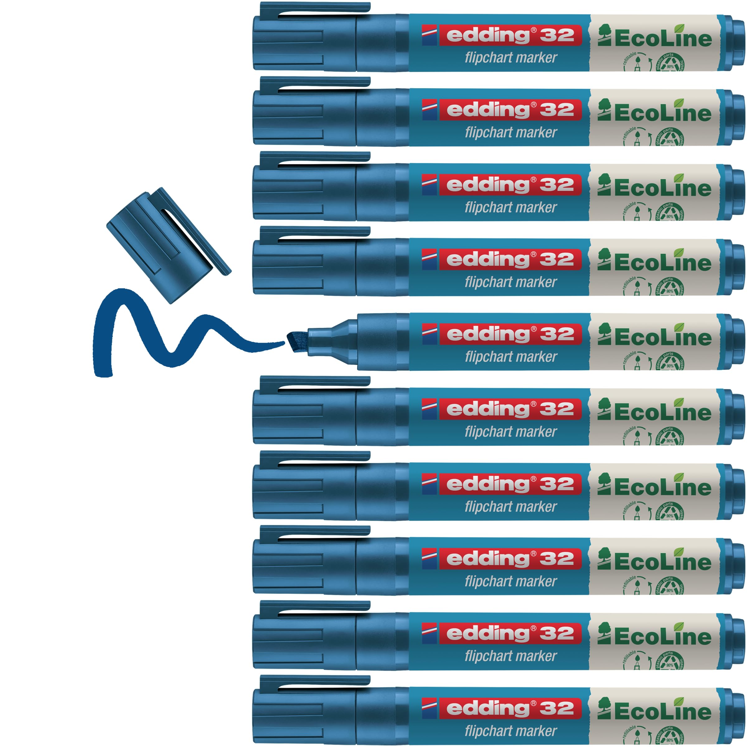 edding 32 Ecoline flipchart Marker - Blue - Box of 10 - Chisel Nib 1-5 mm - Marker for Writing, Drawing on flipchart Paper - Does not Bleed Through - Does not Dry Out - refillable