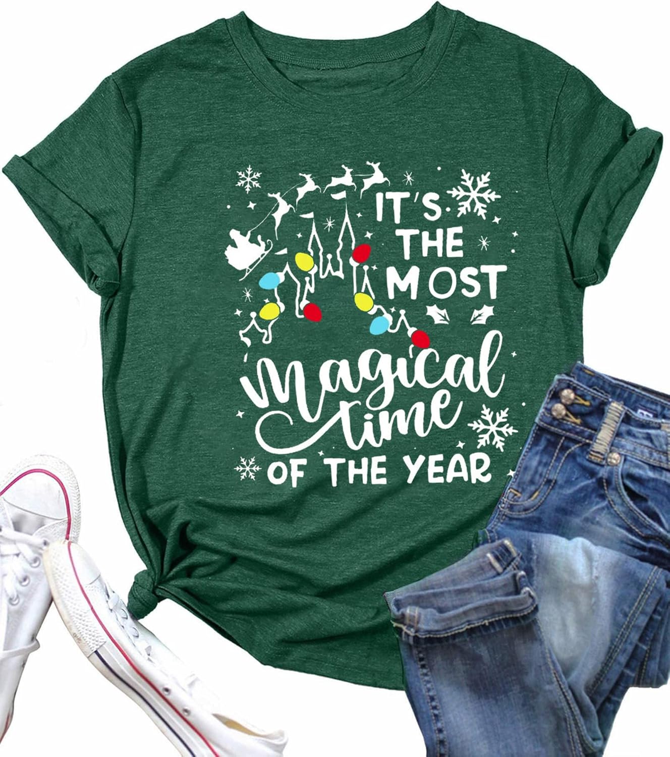 Merry Christmas Shirt Women Xmas Lights Castle Graphic Tops Tee Casual Short Sleeve Holiday T Shirt