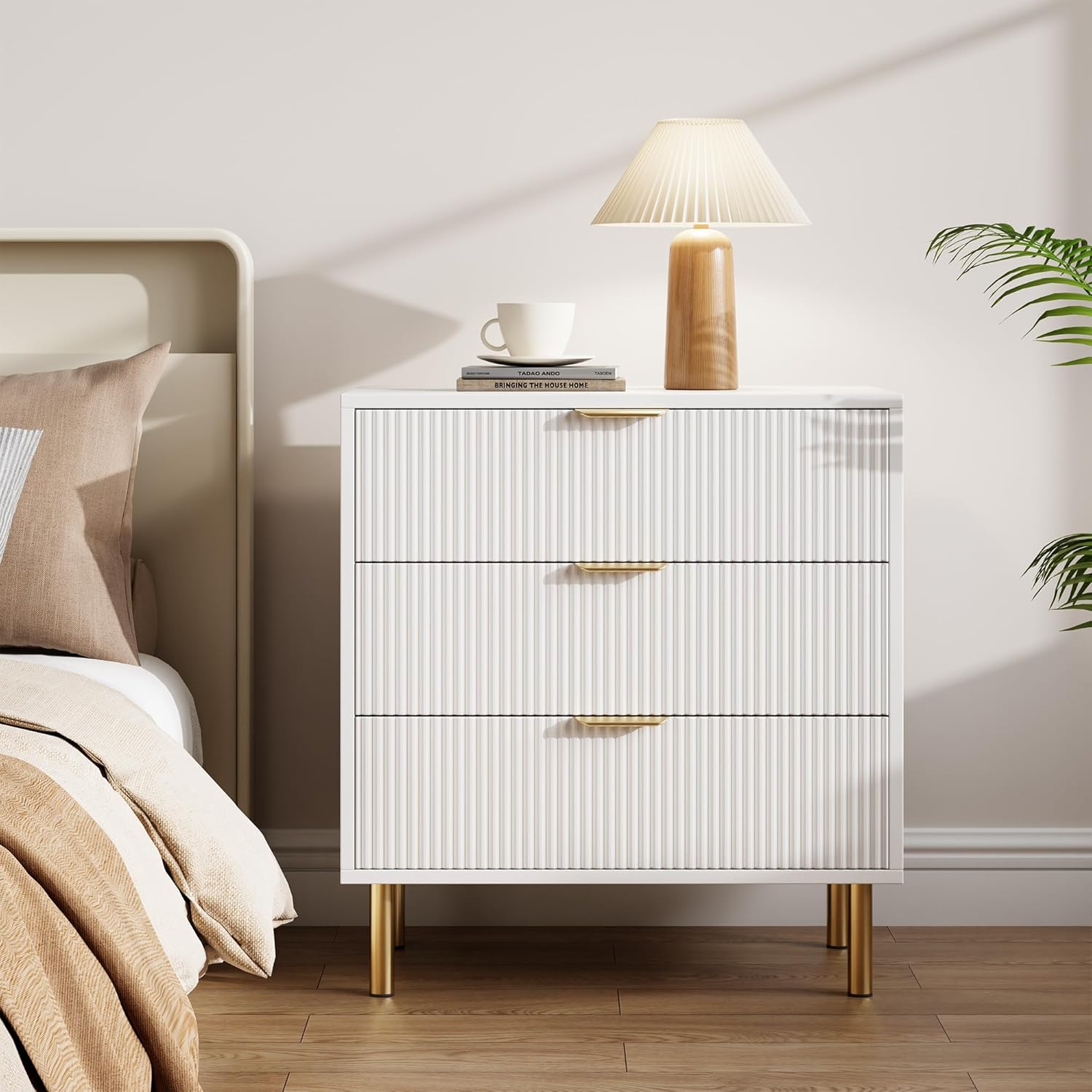 IDEALHOUSE White Dresser, Modern 3 Drawer Dresser for Bedroom with Gold Handle and Large Drawer, Wood Double Chest of Drawers and Storage Organizer for Living Room, Hallway, Entryway
