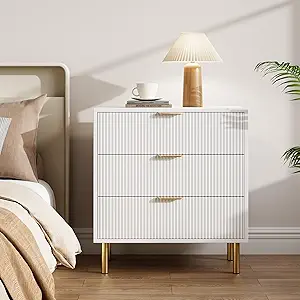 GarveeHome White 3 Drawer Dresser for Bedroom, Large Nightstand Chest of Drawers, Modern Wood Storage Dresser Organizer with Gold Metal Handles & Anti-Tipping Device for Hallway, Entryway