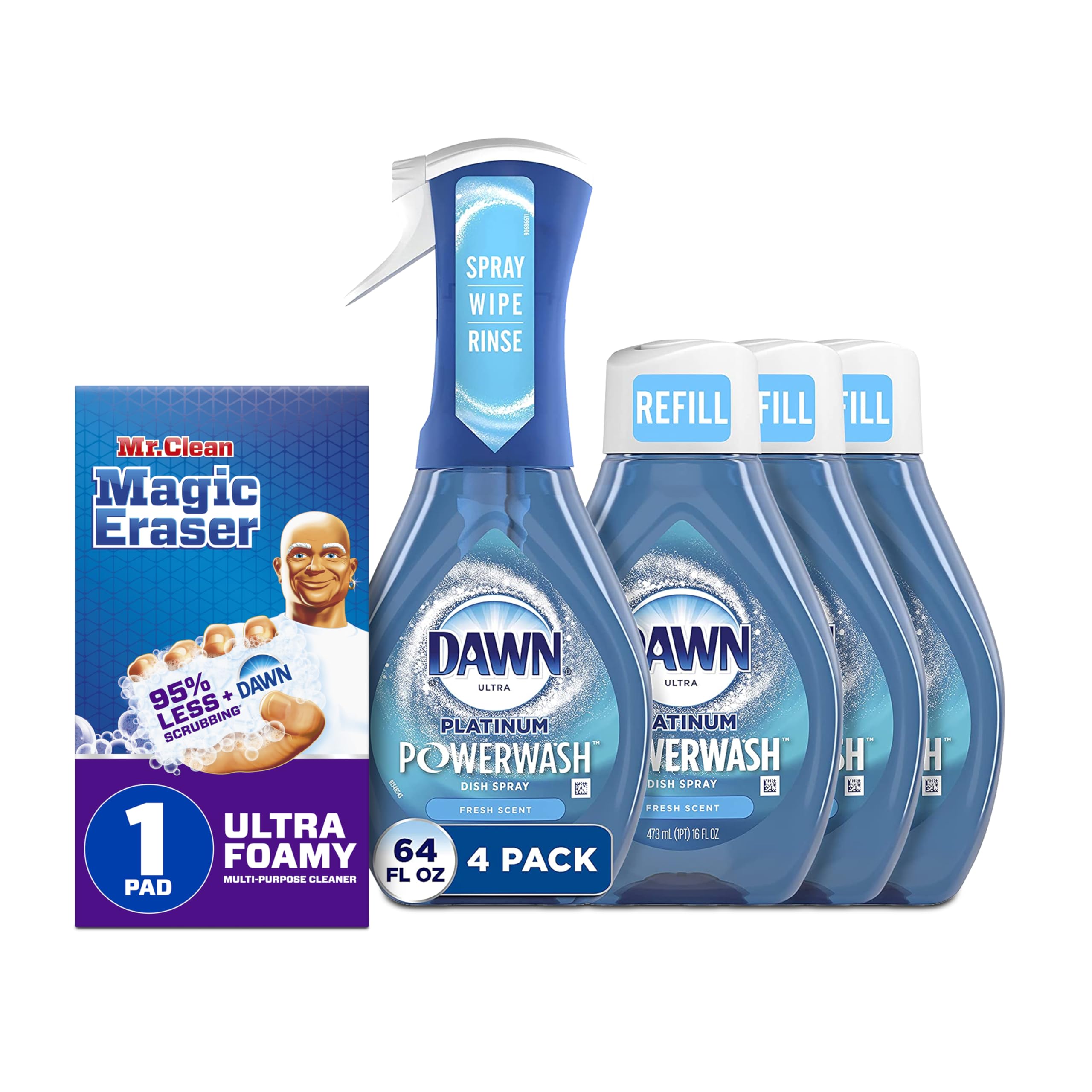 Bundle of Dawn Platinum Powerwash Dish Spray, Dish Soap, Fresh Scent Bundle, 1 Spray (16oz) + 3 Refills (16oz each)(Pack of 4) + Mr. Clean Magic Eraser Ultra Foamy Multi Purpose Cleaner, 1ct