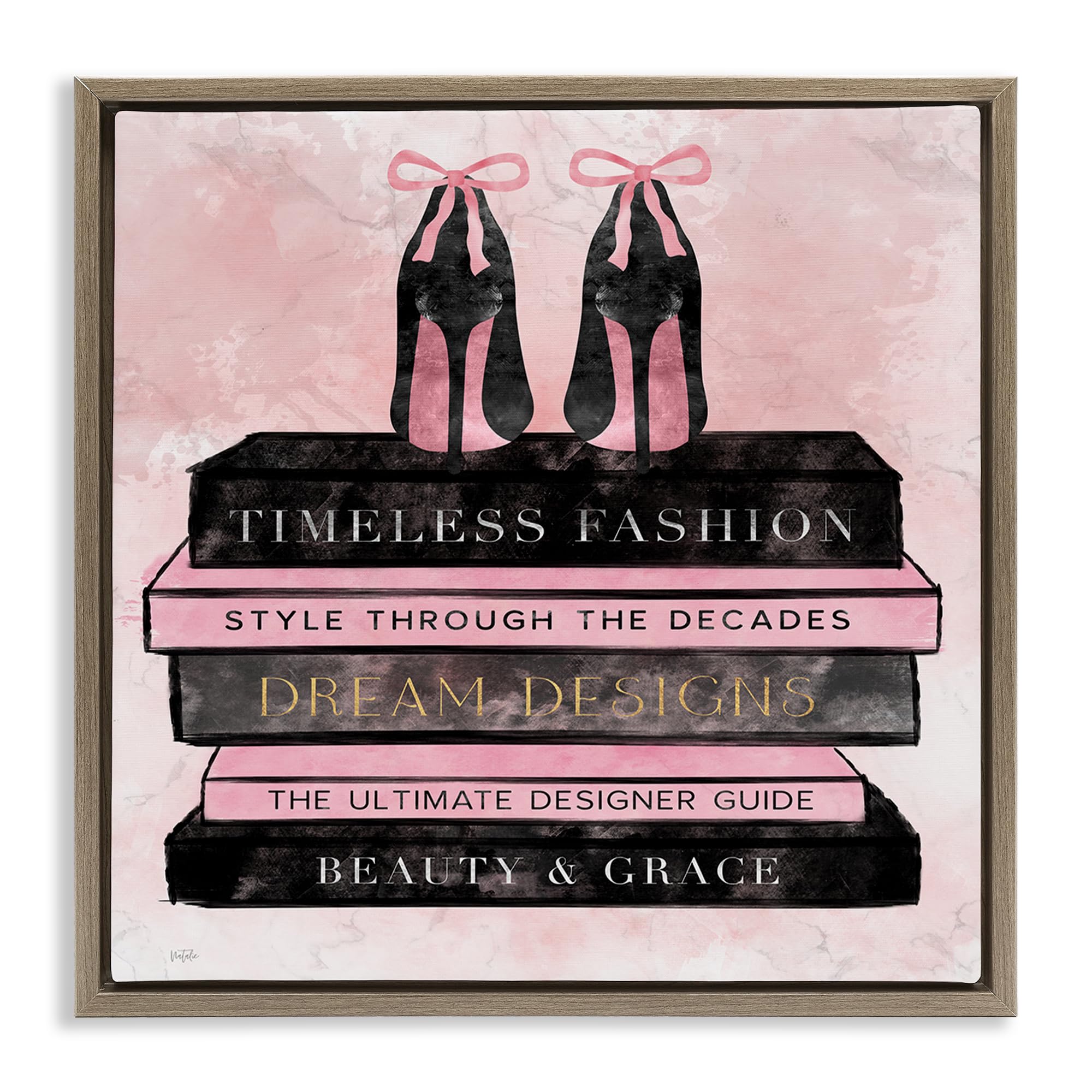Stupell Industries Montalcino Elm (Textured) 'Blush Fashion Book Stack'| Floating Frame Canvas Art
