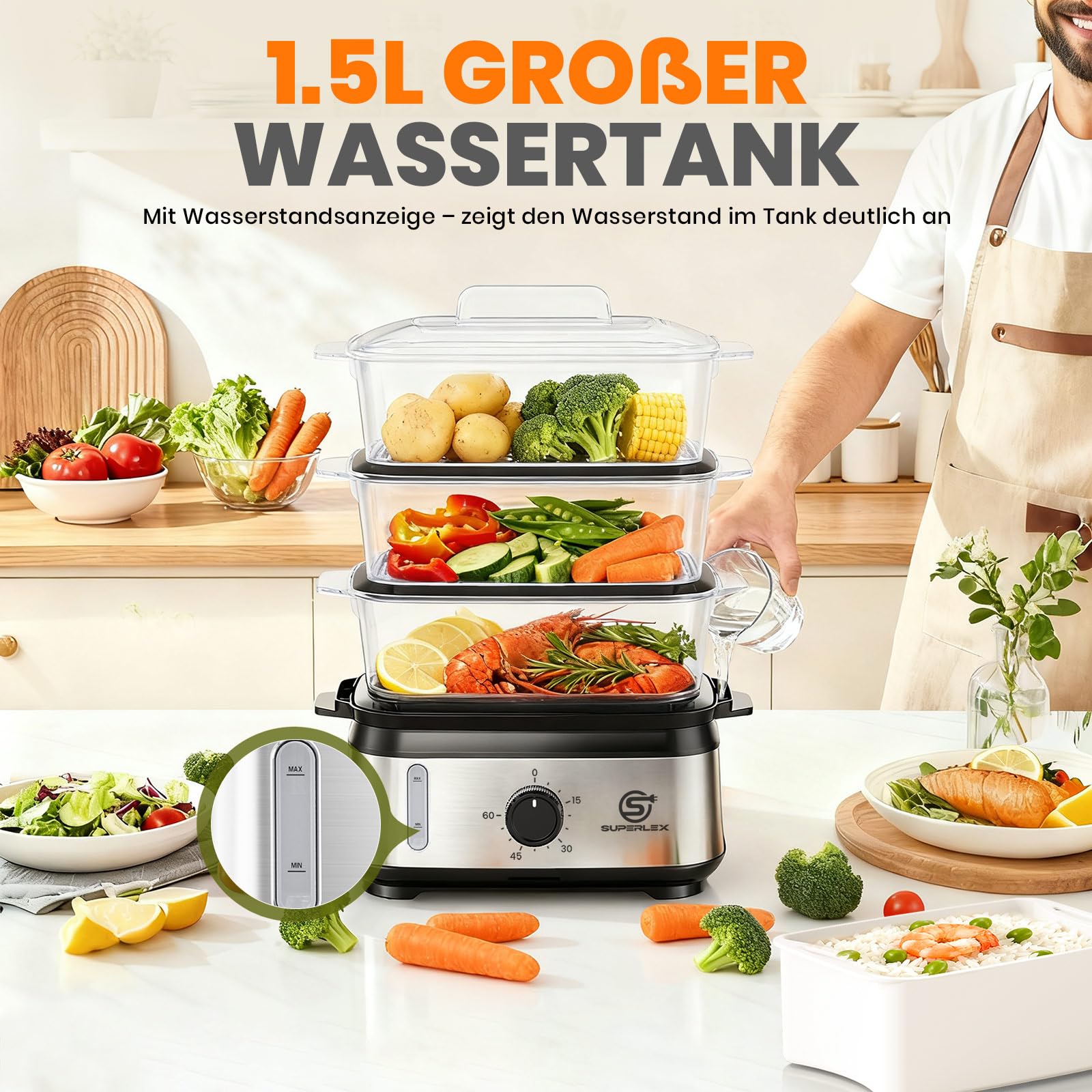 Dampfgarer Elektrisch 950W 3 Schichten 9L Edelstahl 60 Min Timer Antihaft Spülmaschinengeeignet