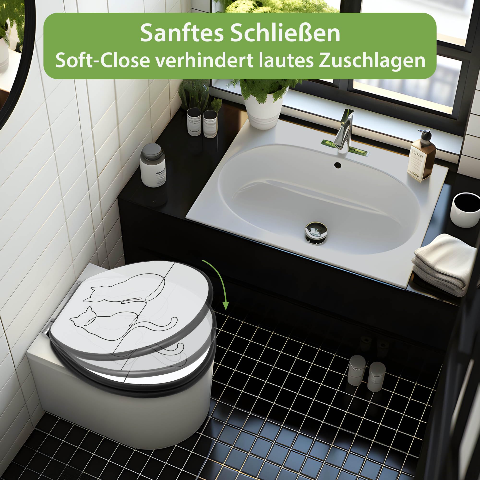 banjado Toilettendeckel Katzen - SoftClose Absenkautomatik - 38 x 46,5cm - MDF Klodeckel anthrazit - WC Sitz O-Form - Toilettensitz dunkel pflegeleicht - Motiv Katzenliebe 2