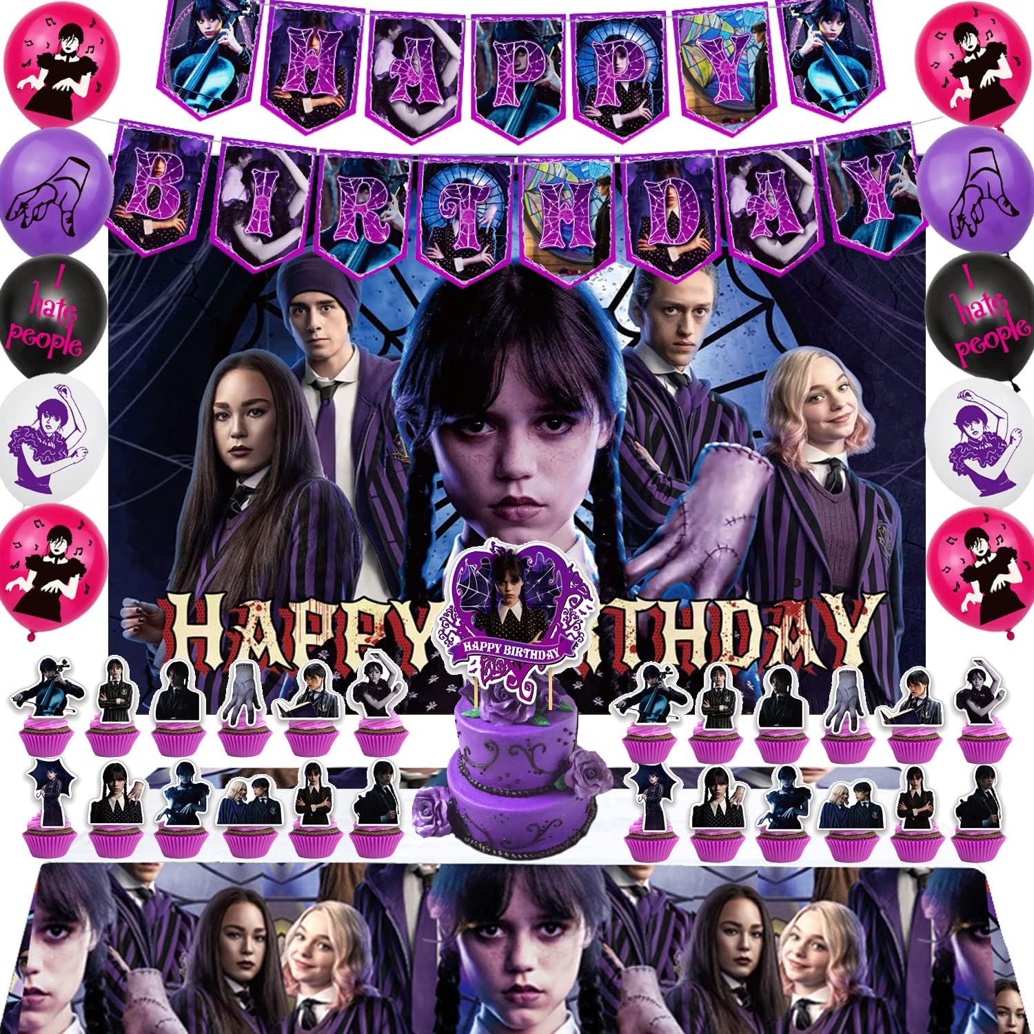 Wednesday Birthday Party Decorations, Addams Family Theme Party Supplies Included 1 Happy Birthday Banner, 1 Backdrop, 1 Tablecloth, 16 Latex Balloons, 1 Cake Topper, 24 Cupcake Topper