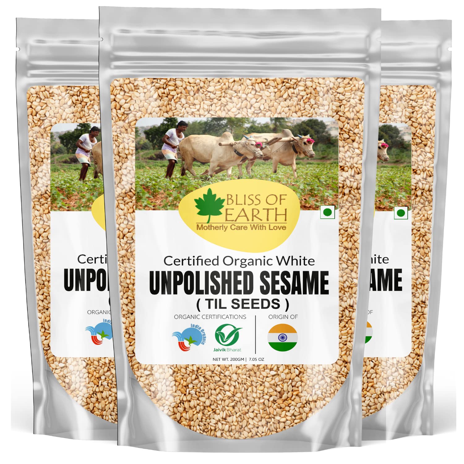 BLISS OF EARTHOrganic Unpolished Sesame Seeds White For Eating, Raw Til Seeds Pack Of 3x200gm