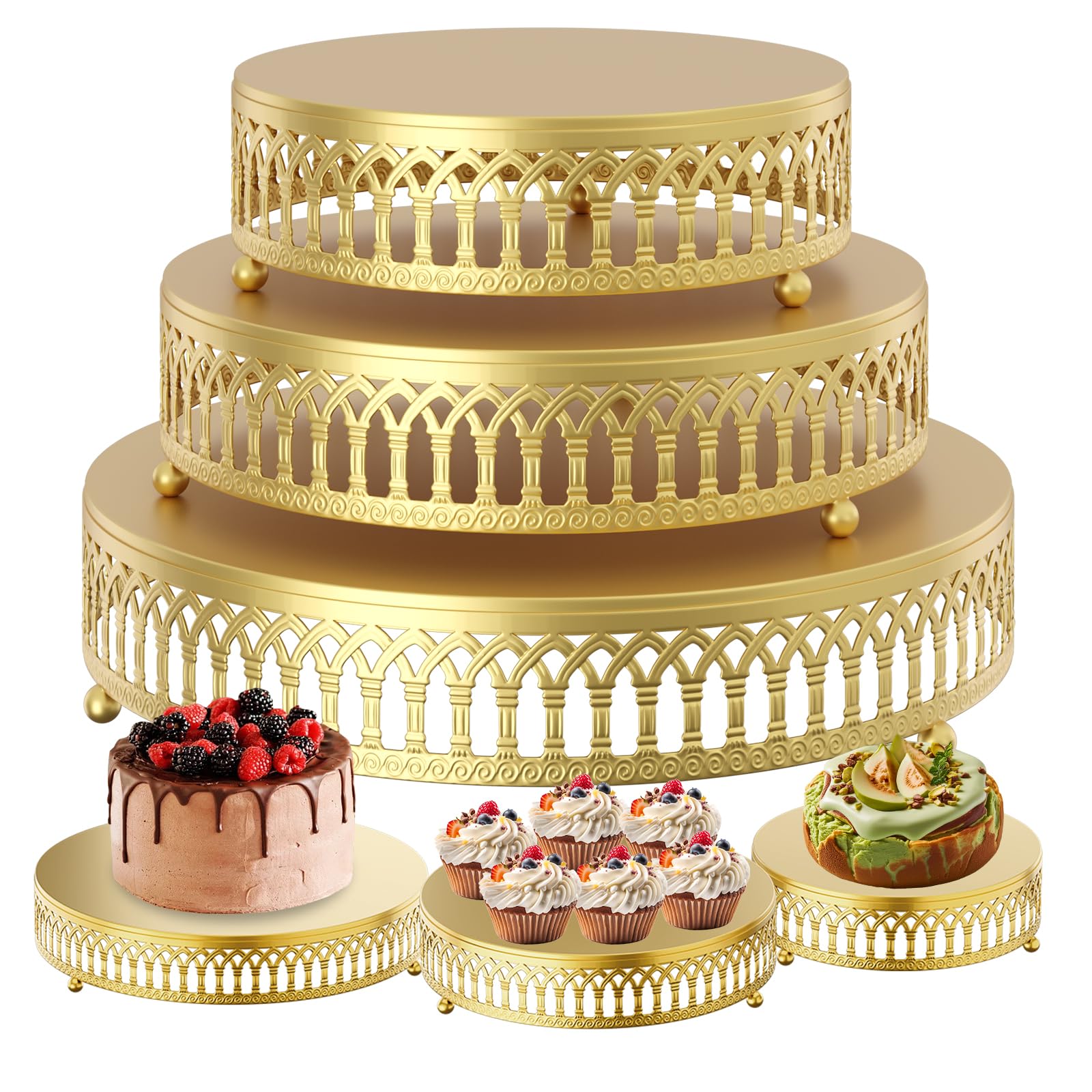 3-Piece Cake Stand Set Round Metal Cake Stands, Dessert Cupcake Pastry Candy Display Plate, Metal 12/10/8 Inch Cake Stands, for Wedding, Party, Birthday, Event, Anniversary, Table Decoration (Gold)