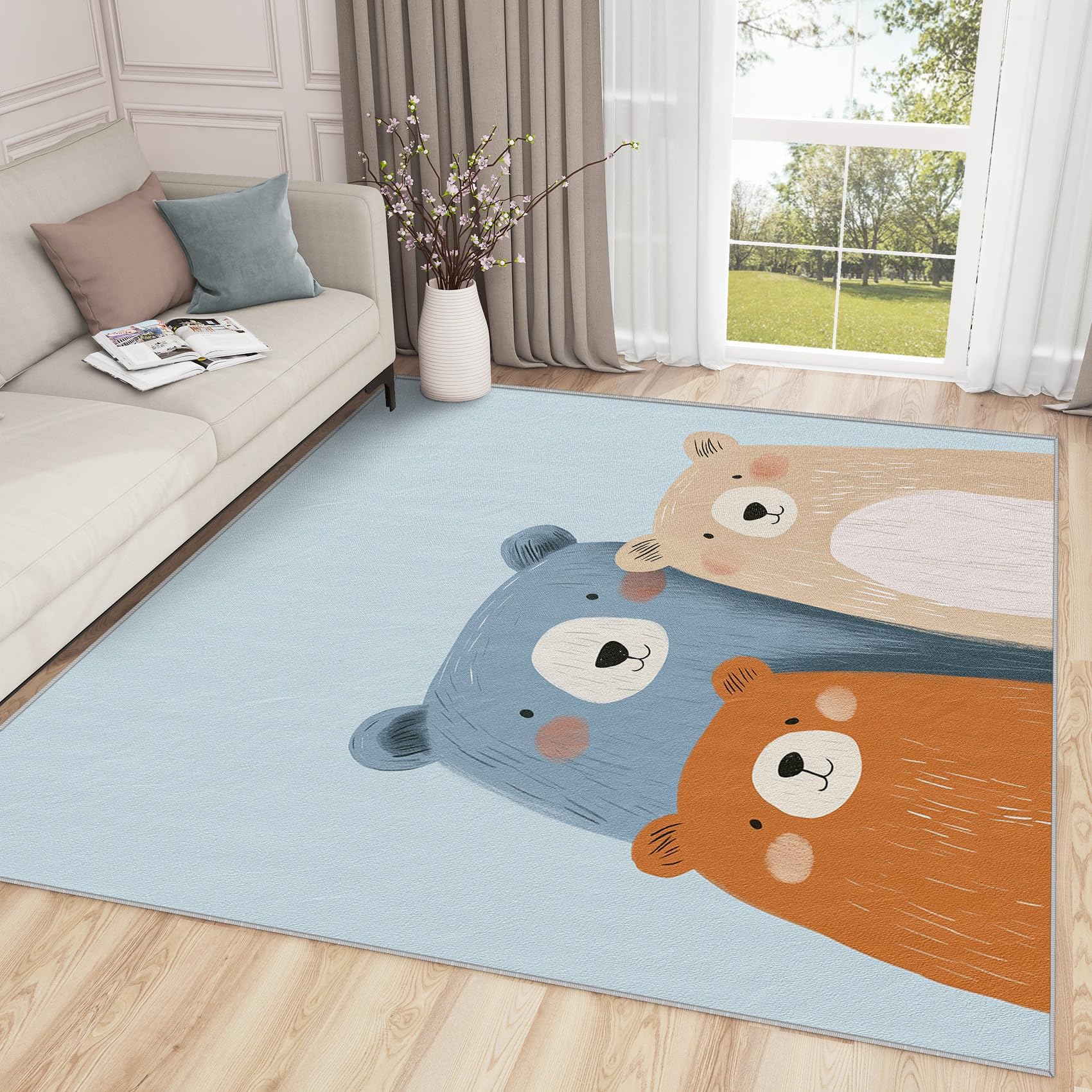 Bear Rug for Nursery - 7x9 Area Rug, Bears Home Decor, Cartoon Bears Living Room Rug, Cute Animal Washable Rugs for Bedroom, Kids Boys Girls Carpet,