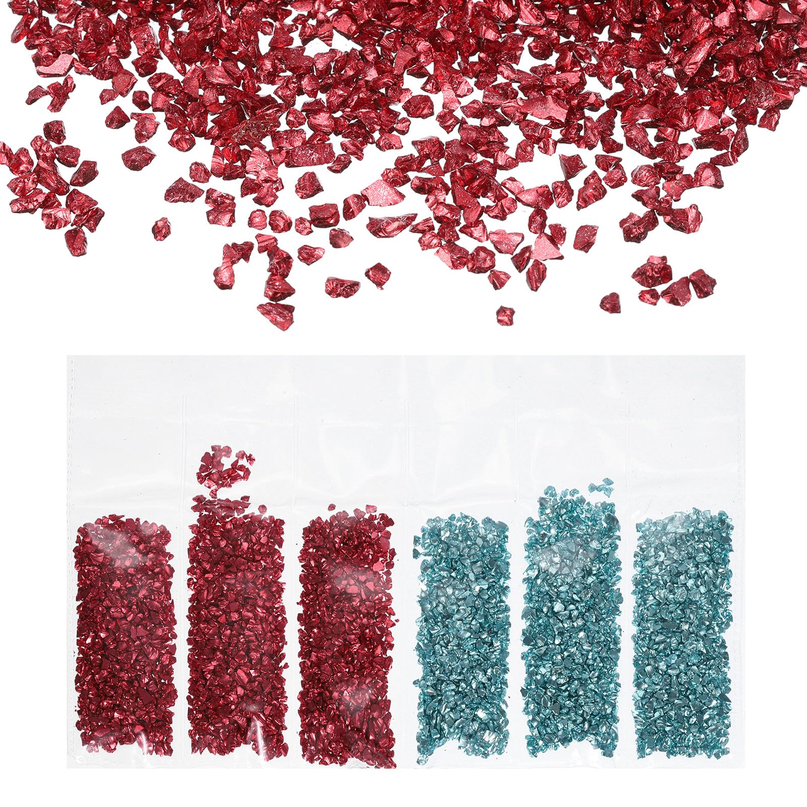 sourcing map Crushed Glass High Luster Chips 1-3mm 30g Irregular Glass Metallic Crystal Chips for Resin Arts Craft DIY Vase Filler Jewelry Making Decoration, 2 Colors, Red Blue Color Series