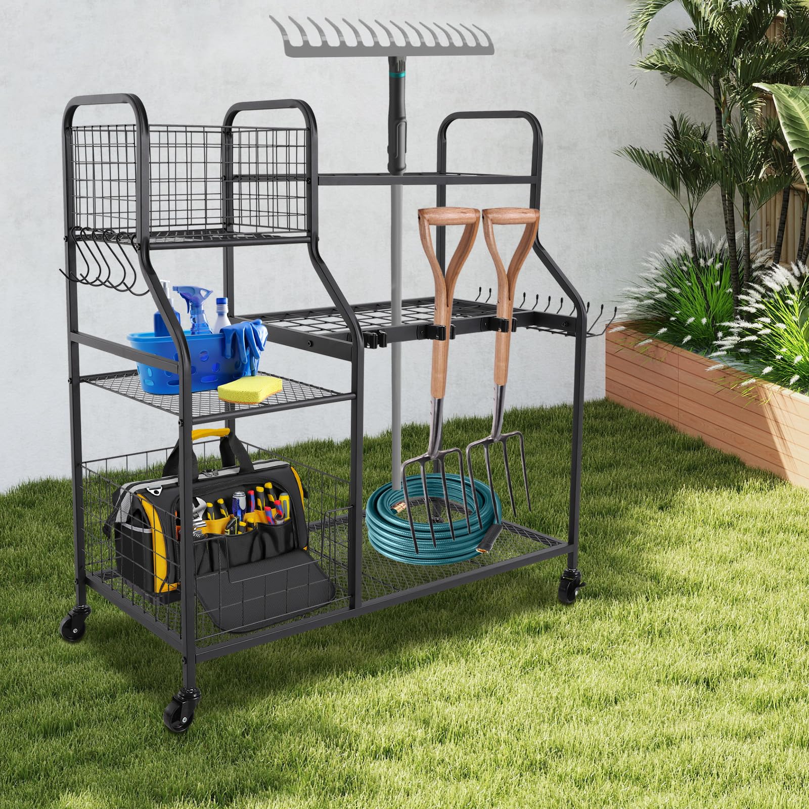 Scaffale per attrezzi da giardino, 36 scomparti, 12 ganci, in acciaio al carbonio, con ruote, portata 40 kg, per giardino, garage, capanno, 91,95 x 41,91 x 94 cm, colore nero