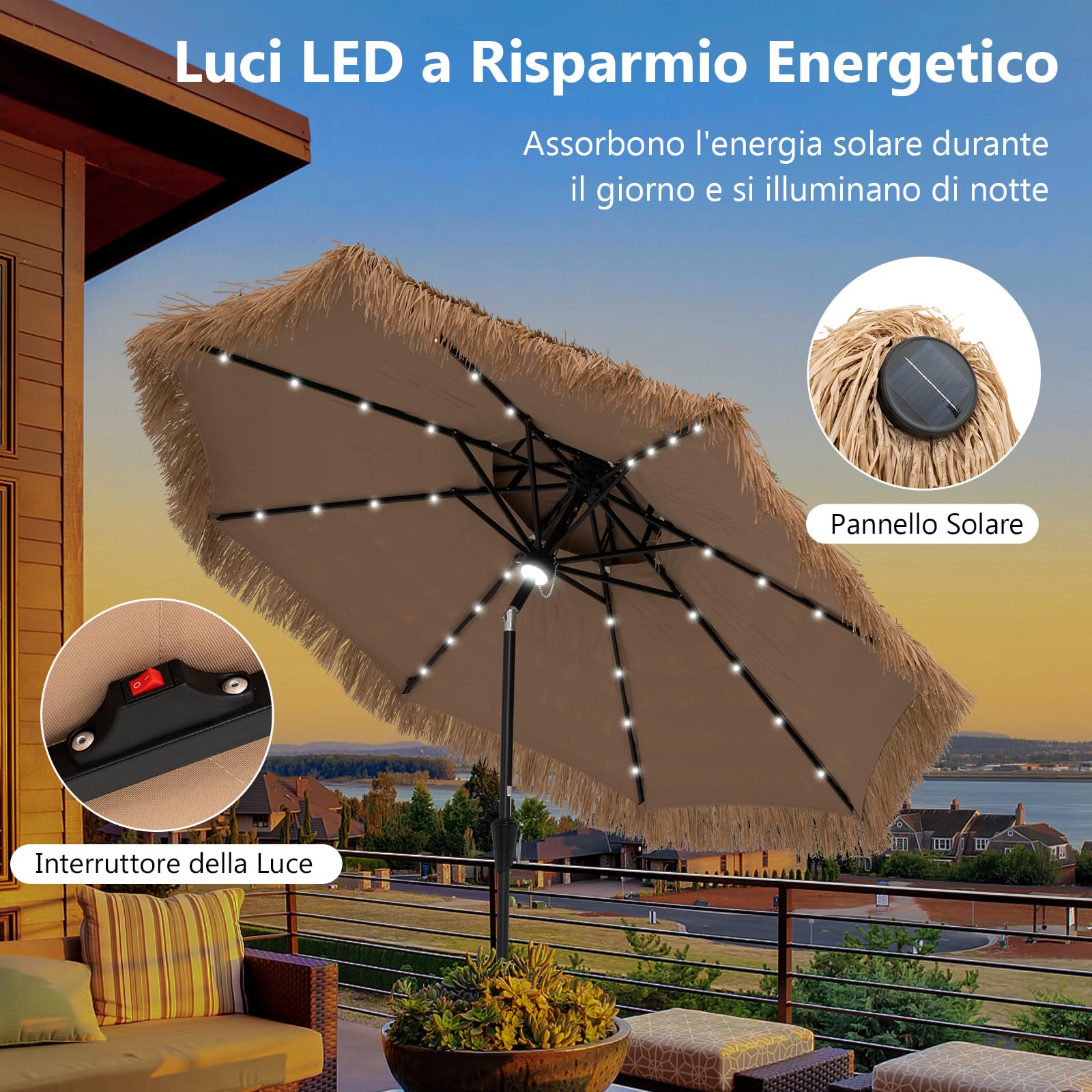 COSTWAY Ombrellone di Paglia in PP 270 cm, con 32 Luci LED, Manovella, Inclinazione Regolabile, Ombrellone Hawaiano da Spiaggia con 8 Stecche (270 cm/32 Luci)