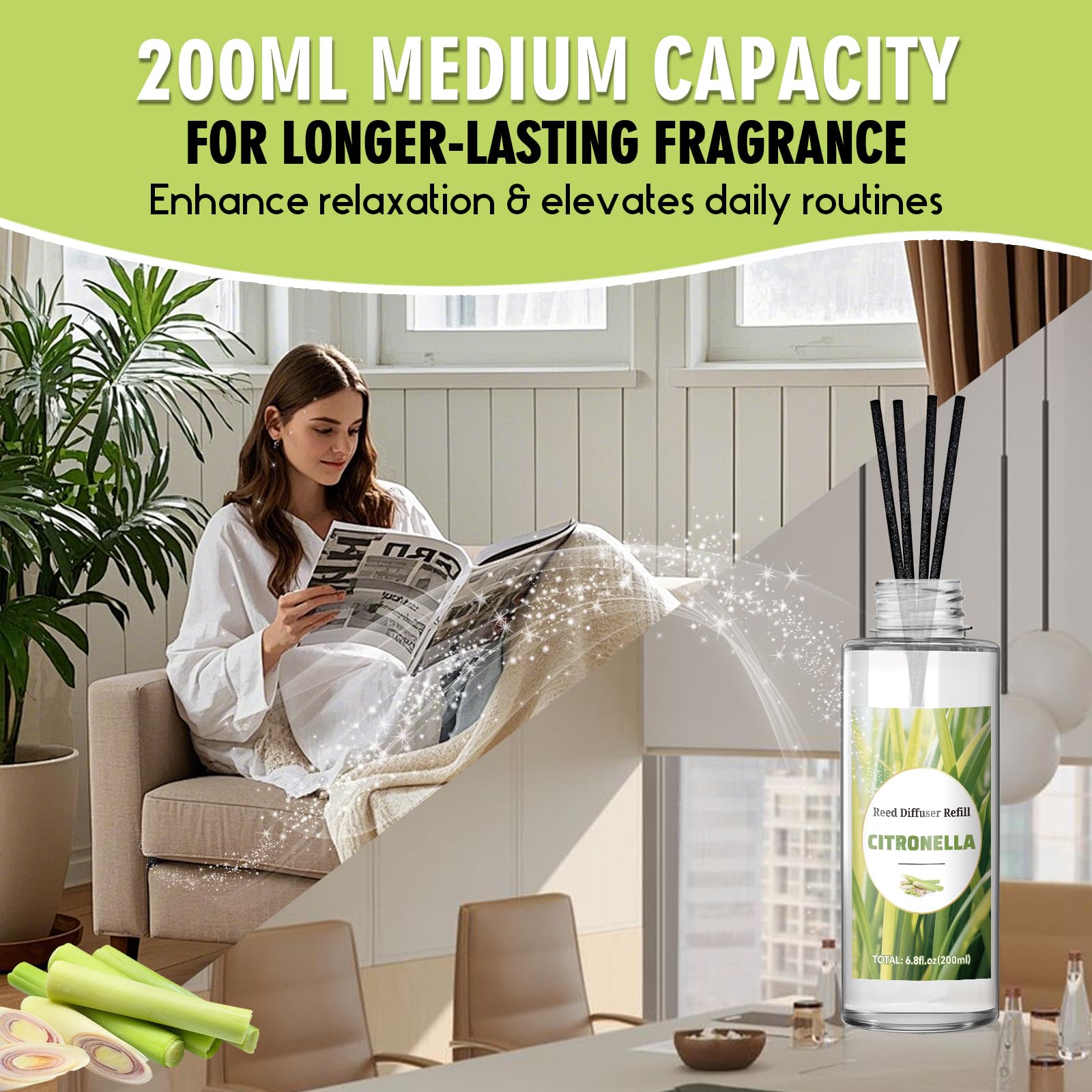 SCENTORINI Difusor De Fragancia para Habitación Citronela 200ML Recambio De Aceite Esencia, Ambientadores De Hogar Fragancia Duradera para El Hogar, Baño y Decoración De Habitación