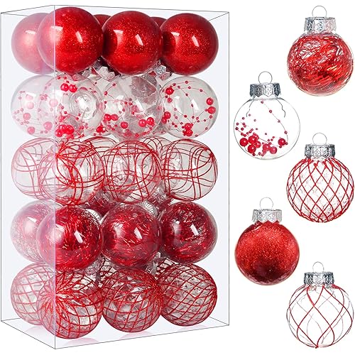 Clear Christmas Ball Ornaments, 30ct 2.36"/6cm Red Shatterproof Christmas Decorations Clear Plastic Ornaments Hanging Decorative Balls Bauble Set for Xmas Tree for Christmas Party Home Decor