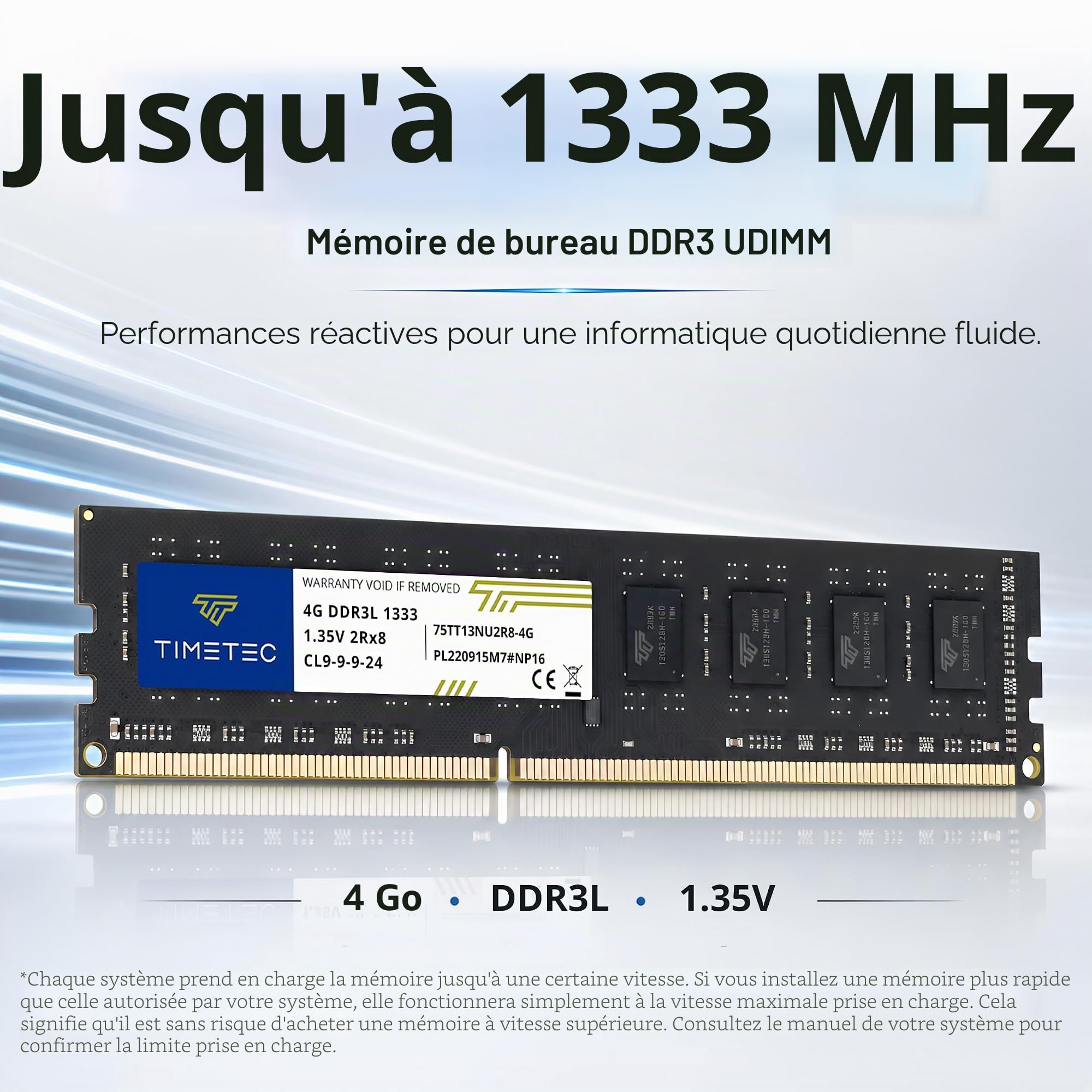 Timetec 16 Go (4 x 4Go) KIT DDR3L/DDR3 1600MHz PC3L-12800/PC3-12800 Non-ECC sans Tampon 1.35V/1.5V CL11 2Rx8 Double Rang 240 Broches UDIMM Ordinateur de Bureau mémoire RAM Module Mise à Niveau