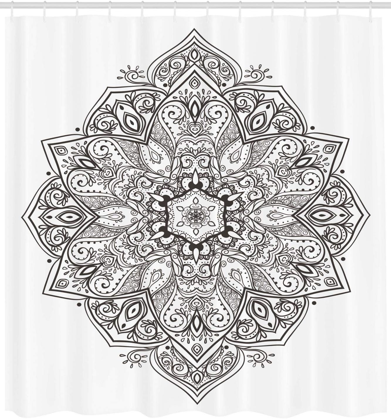 Ambesonne Mandala Shower Curtain, Psychedelic Circular Element Art Lotus Theme, Cloth Fabric Bathroom Decor Set with Hooks, 69" W x 84" L, White Charcoal Grey