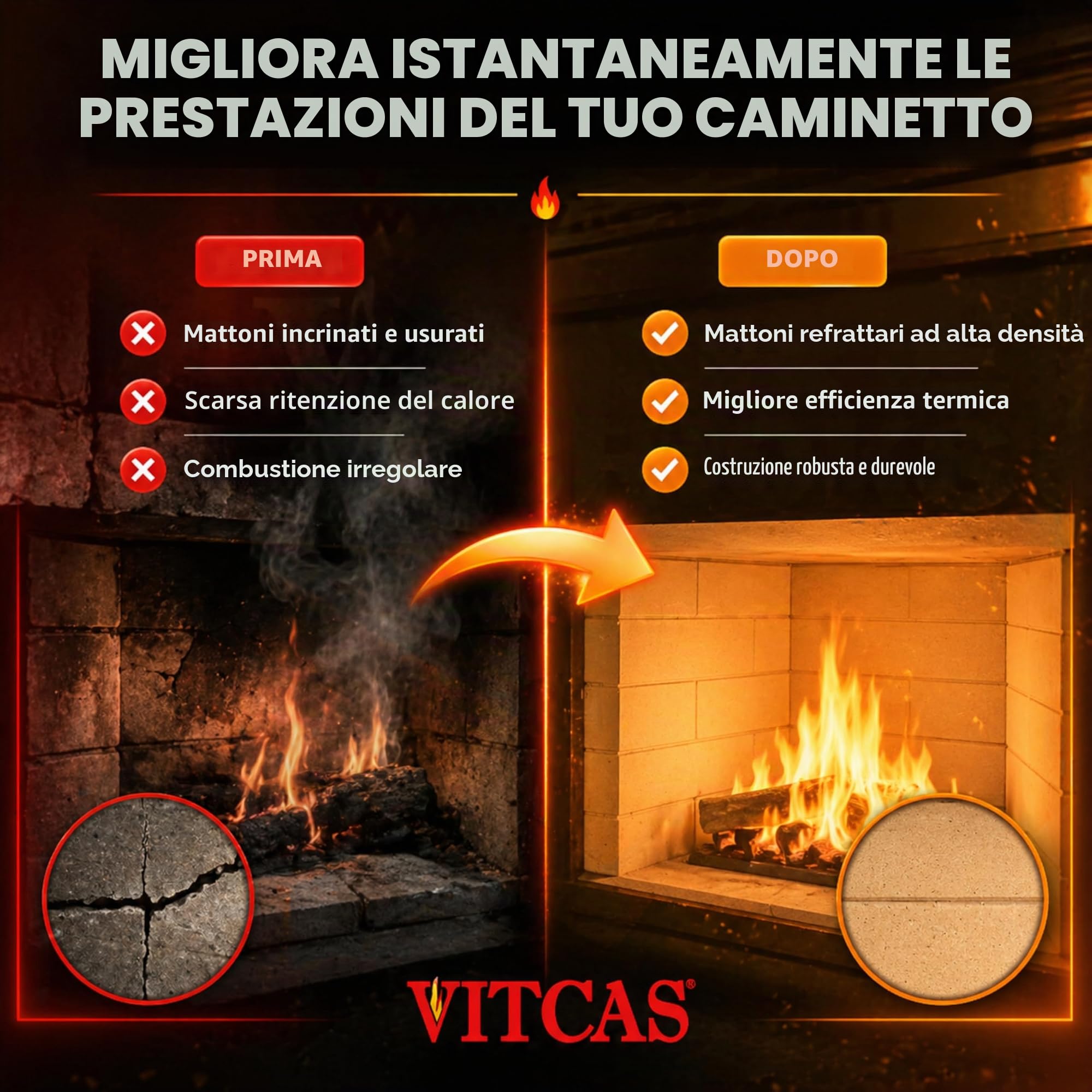 VITCAS Mattoni refrattari – Materiale di Alta qualità – Alta densità – Bassa conducibilità Termica – Scatola di Ricambio – per stufe e camini – Mattoni refrattari Standard – Fino a 1300 Gradi Celsius