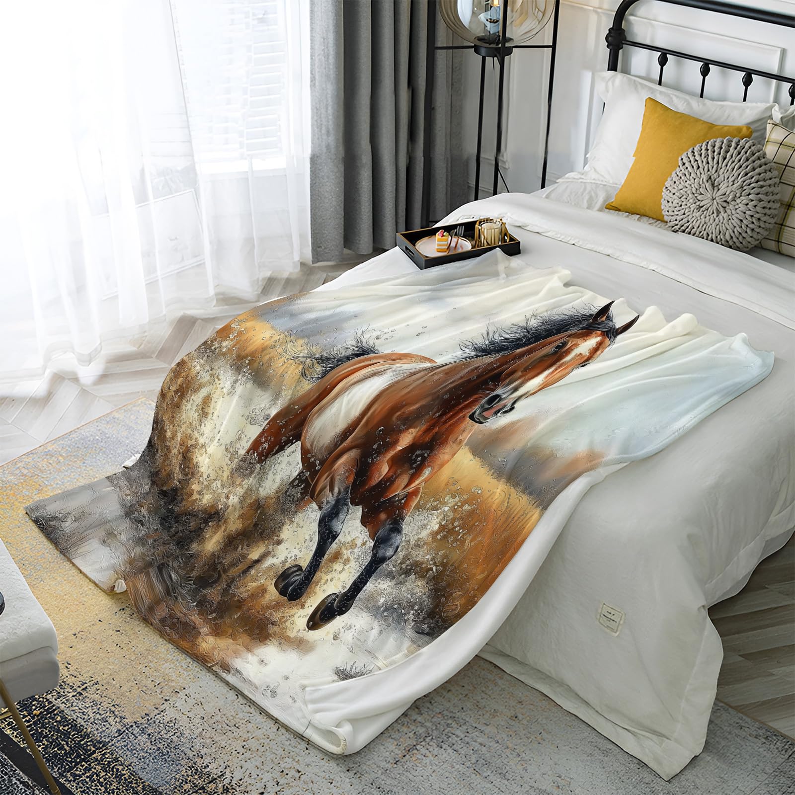 Coperta Cavallo Al Galoppo Pile, Coperta Letto Singolo Matrimoniale 220X240Cm Flanella, Motivo Animale Coperta Divano Grande Caldo Morbida E Accogliente, Coperta Da Divano