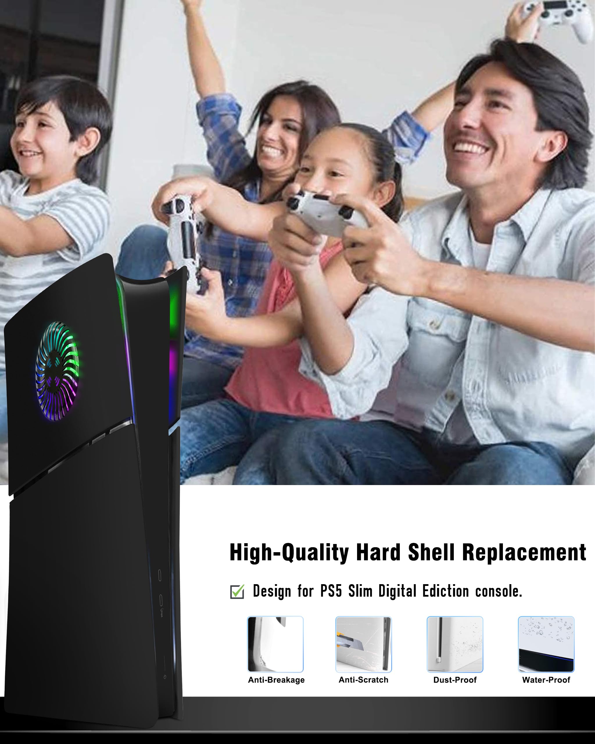 Joso Pannello frontale per PS5 Slim Digital Edition, custodia di ricambio antigraffio antipolvere con anello RGB, copertura adatta per PS5 Slim Digital Version, piastre per PS5 Slim Accessori - Nero
