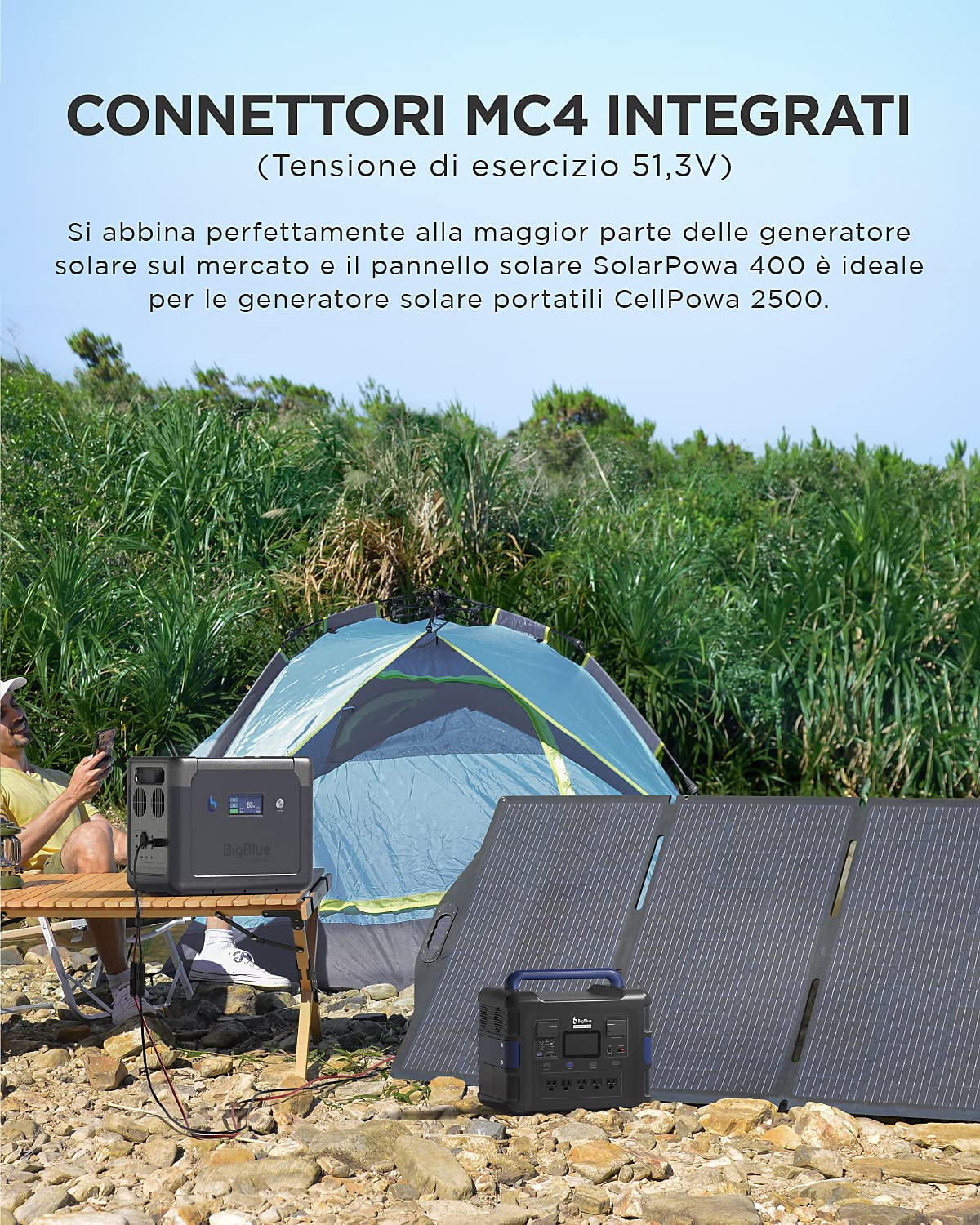 BigBlue 400W Pannello Solare Pieghevole ETFE 51,3V/7,8A Caricabatterie Solare Portatile IP68 con Supporto per Generatore Portatile (CELLPOWA 2500 ECC.) Giardino, Balcone, Campeggio