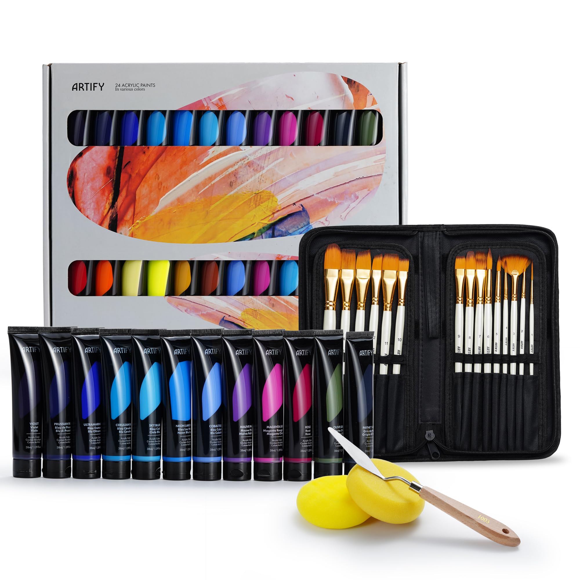 ARTIFY Heavy Body 24 Colors Acrylic Paint Set, 24 Colors with 15 Pieces Synthetic Brushes Set, Includes Bonus Sponge, Palette and Knife for Beginners