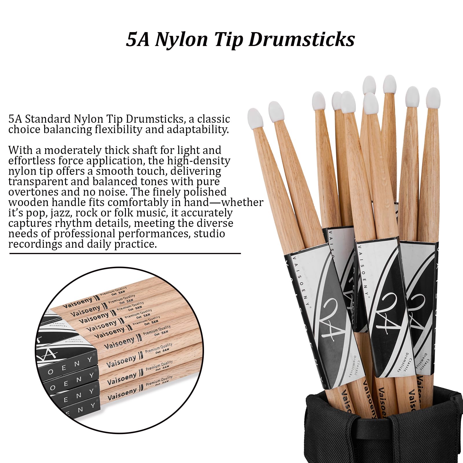 5a Drumsticks, Nylon Tip Drumsticks Set für Akustische Drums oder Elektronische Drums, Oval Nylon Tip Oak Drumsticks für Drummer und Anfänger (12 Paar)