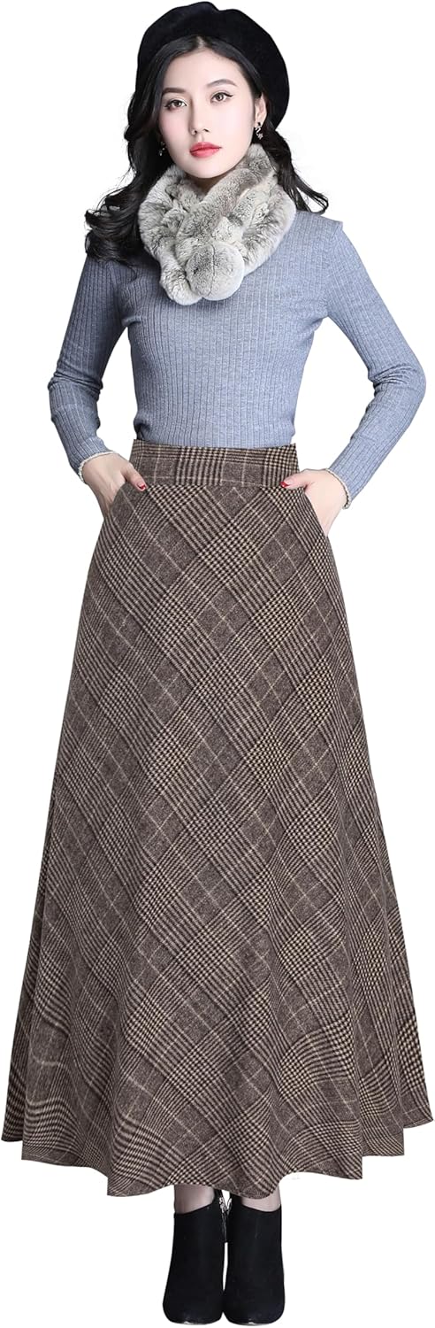 Womens Plaid Wool Long Skirt Vintage High Waist A-line Fall/Winter Midi Skirt