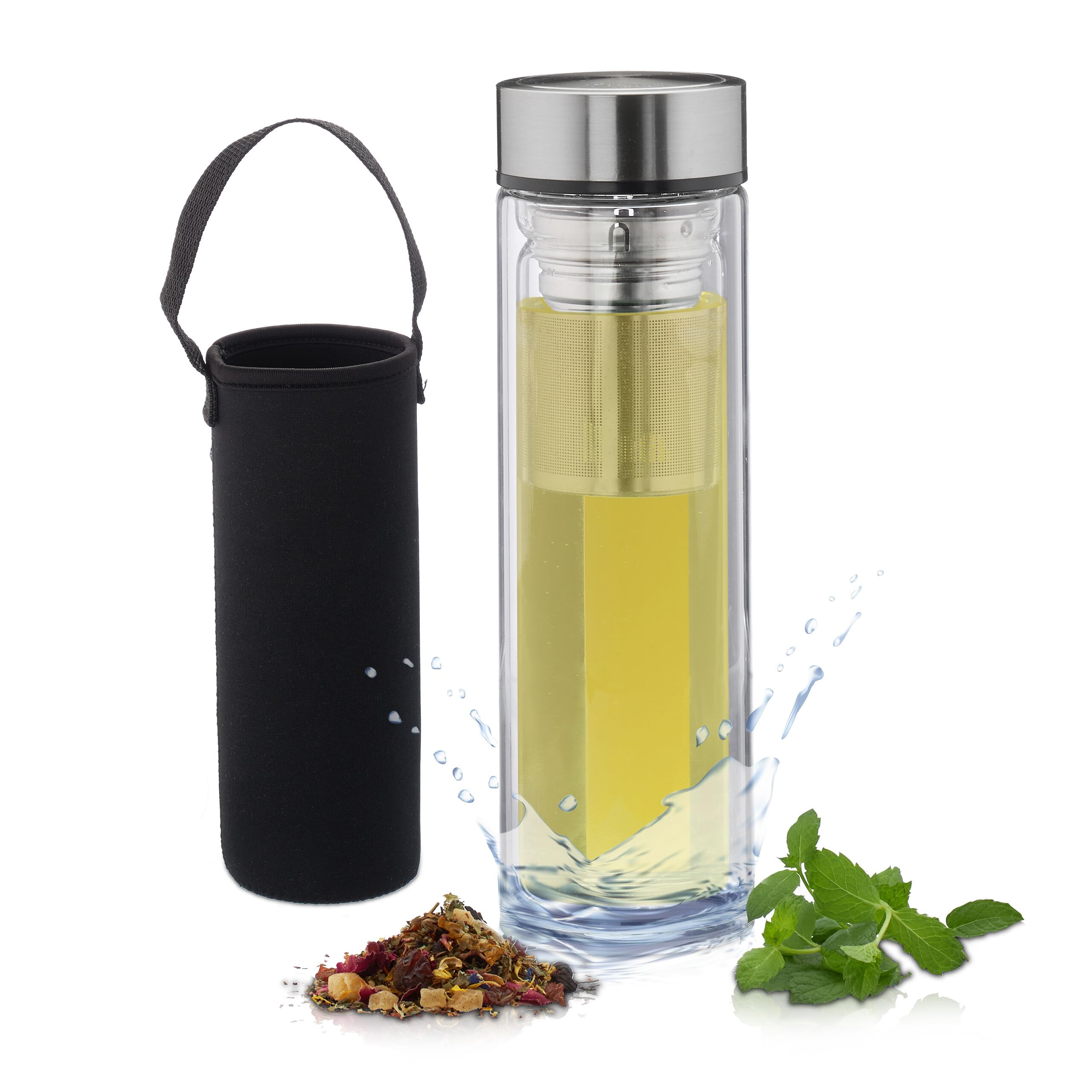 Relaxdays Clear Tea Infuser Bottle, Bamboo Lid, Metal Strainer, Double-Walled Glass Tea Flask With Travel Bag, 450 Ml,