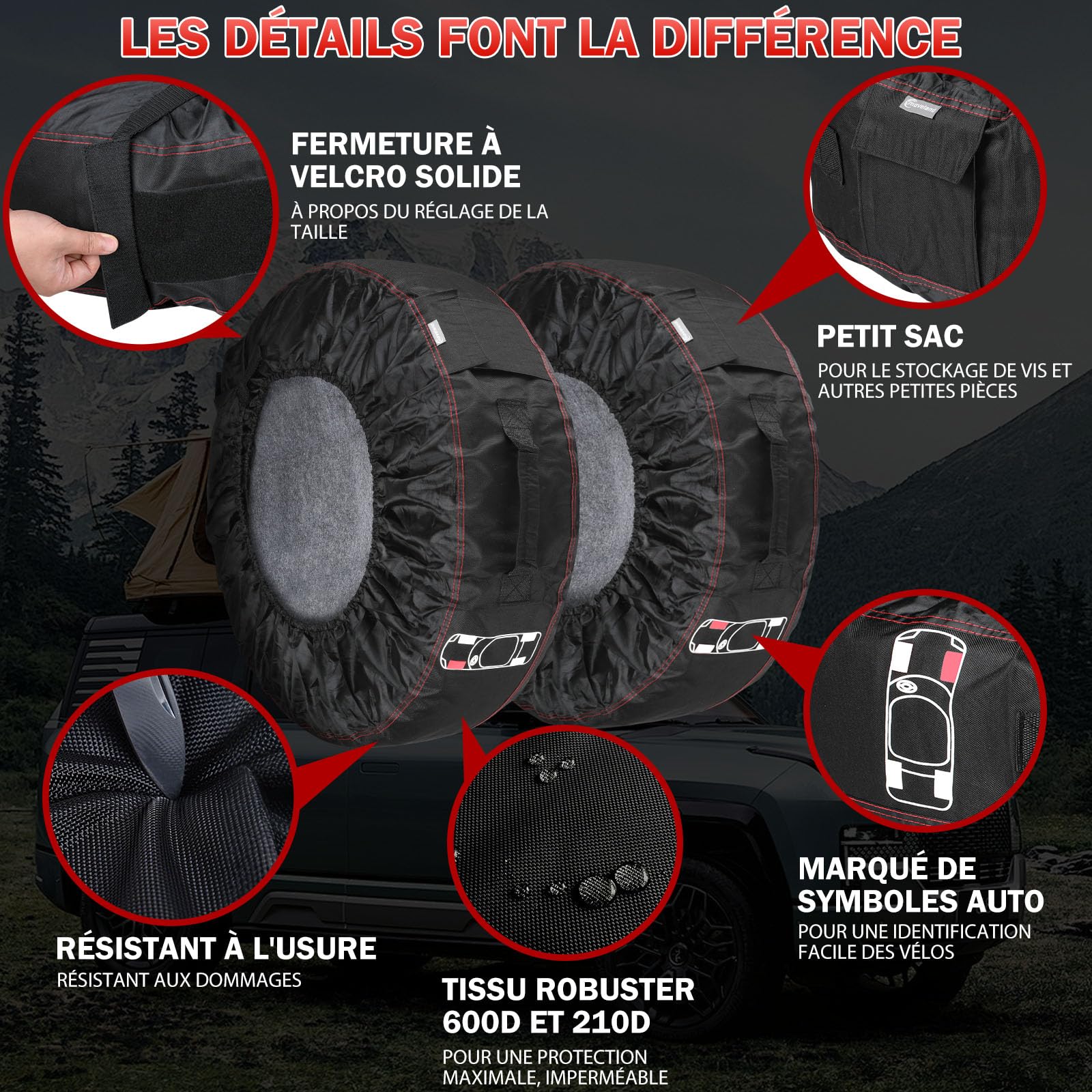 moveland Housses de Pneus 18-22 Pouces - Lot de 4 résistantes aux déchirures - Housses de Protection de Roue avec 4 tampons en Feutre - Etanches, Anti-poussière, Protéger et Transporter