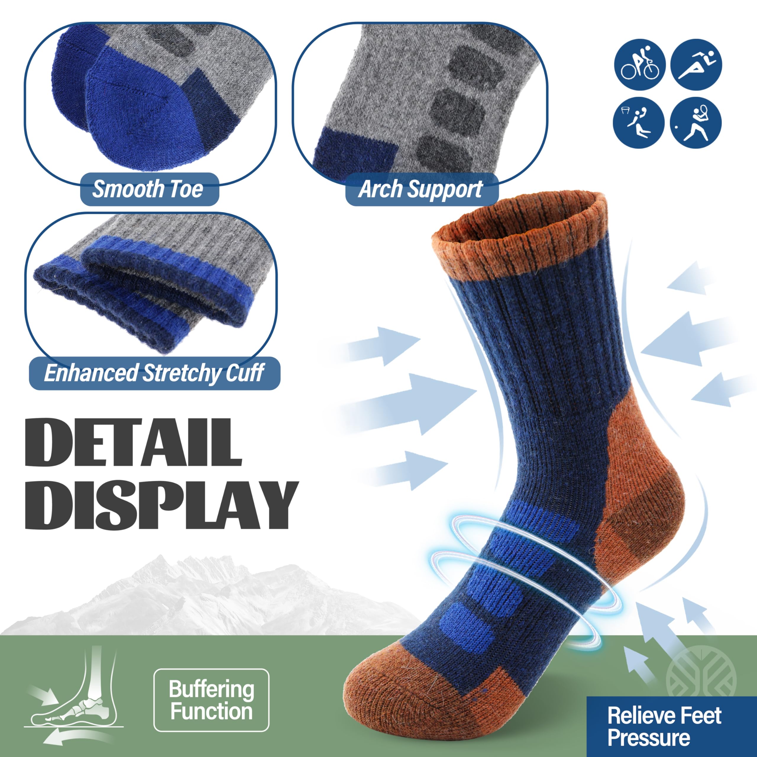 MOSEY KOSY 6 Paires Chaussettes Enfant Laine Mérino pour Marche Garçons Filles Tout-Petits Hiver Thermiques Épaisses Chaudes Rembourrées Chaussettes Crew pour Randonnée