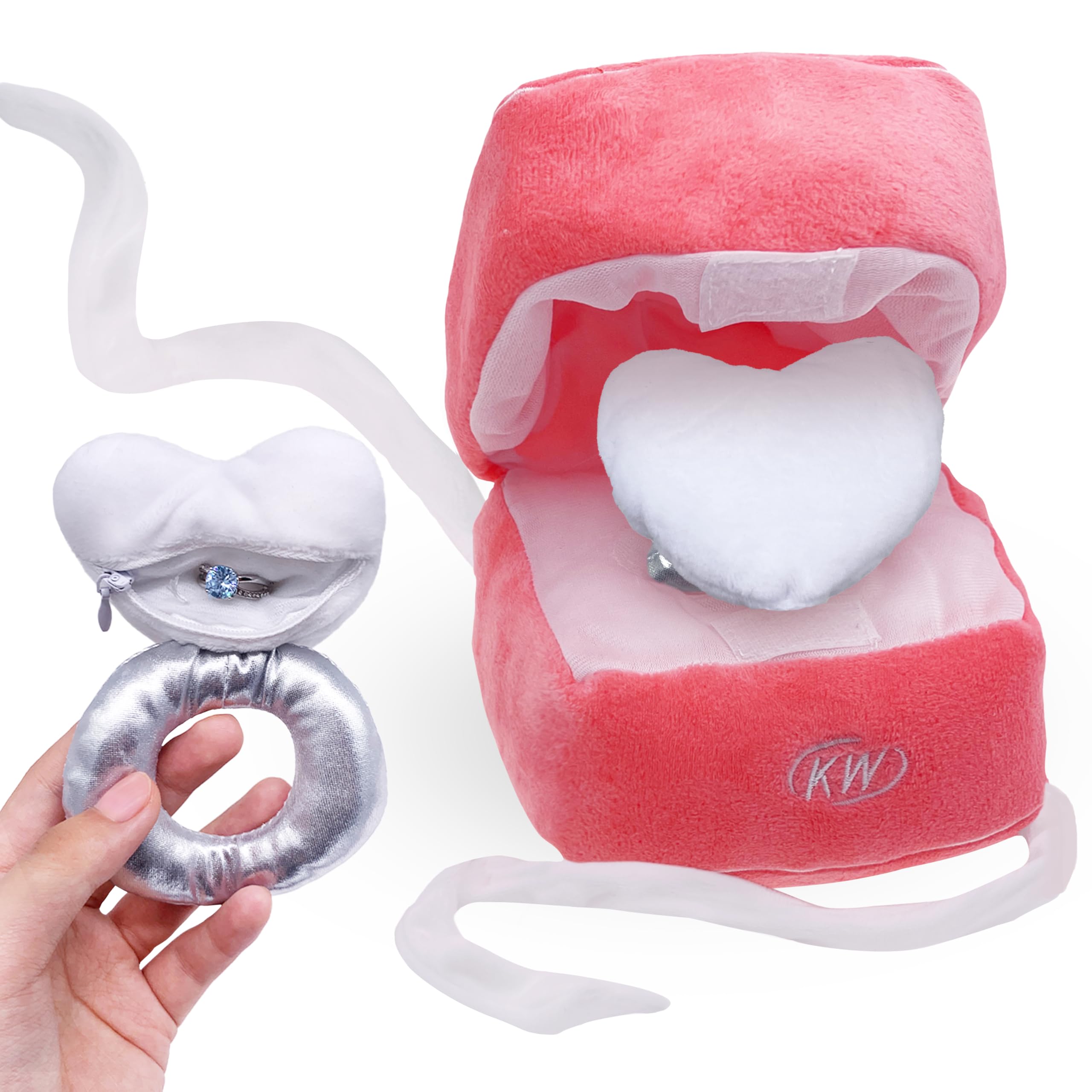 Mewcho Valentines Plush Ring Box for Proposal Engagement Promise, Cute Ring Box Holder Plush for Wedding Marriage, Large