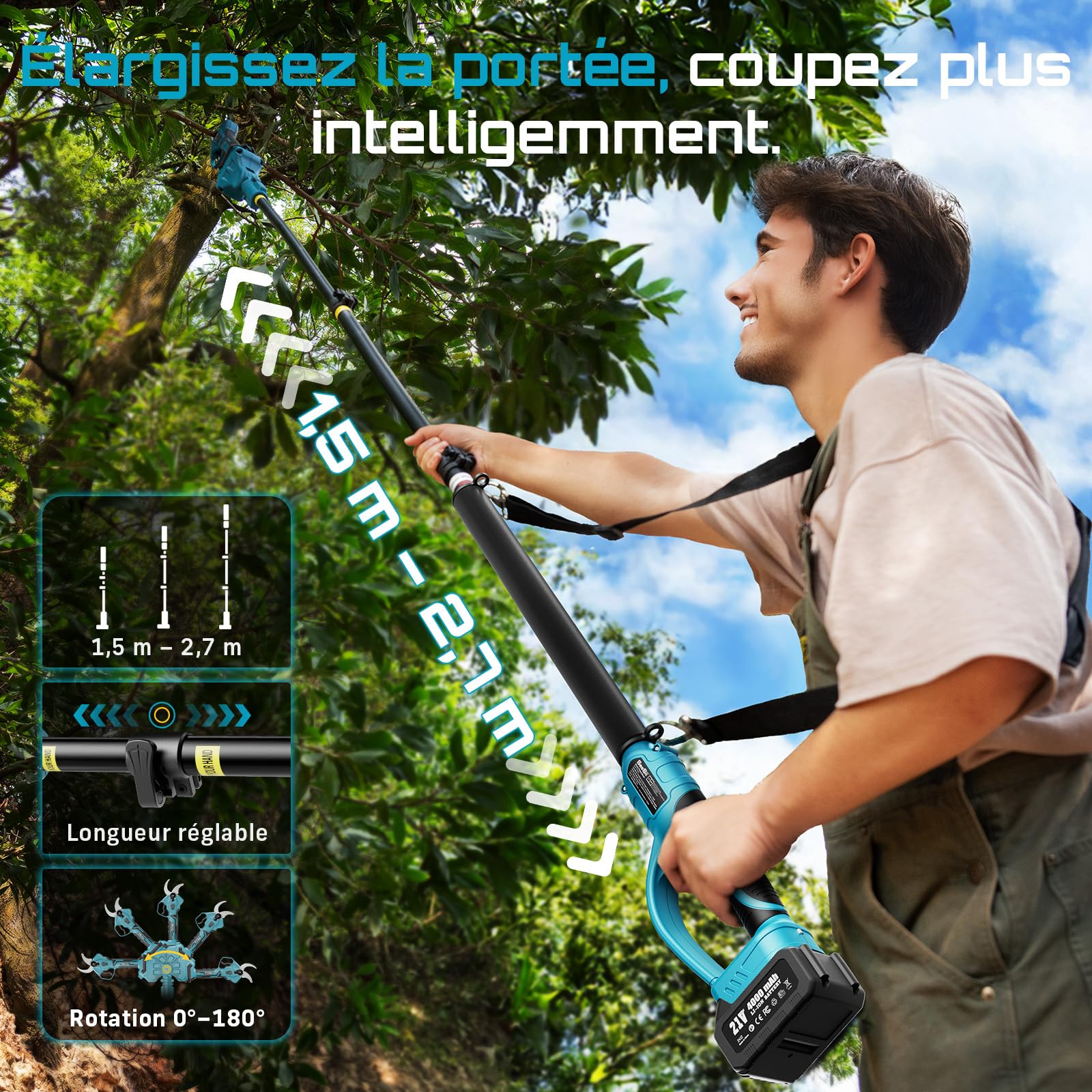 SEESII Sécateur Électrique Avec Perche, Coupe Max 45 mm, 2-en-1 Sécateur Électrique Sans Fil Télescopique, Portée Totale 4,5 m, 2 * 4,0Ah Batteries, Lame SK5, Jardin/Arbres/Fleurs PS041Pro