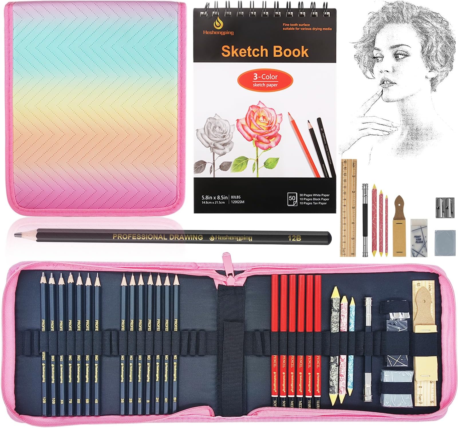 KALOUR 28 Pro Sketching Drawing Pencils Set – 14 Graphite Pencils (14B–5H), Charcoal Pencils, Erasers, Sharpener & Stumps – Complete Art Kit For Artists & Beginner - View #6