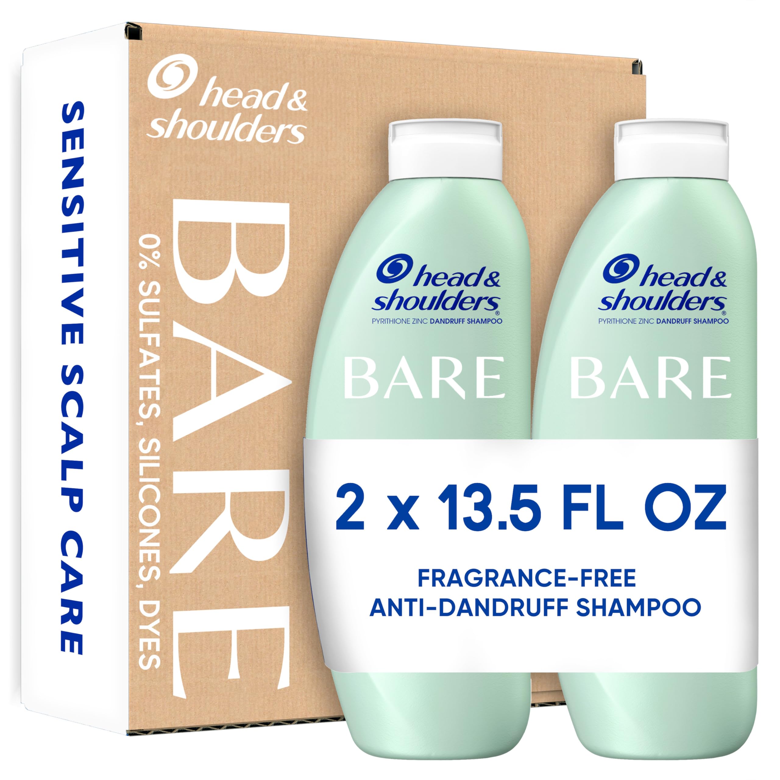 Head & Shoulders Anti-Dandruff Shampoo, BARE Sensitive Scalp Care Twin Pack, with 1% Pyrithione Zinc, Fragrance-Free, Free of Sulfates, Silicones, Gentle, 13.5 fl oz Each