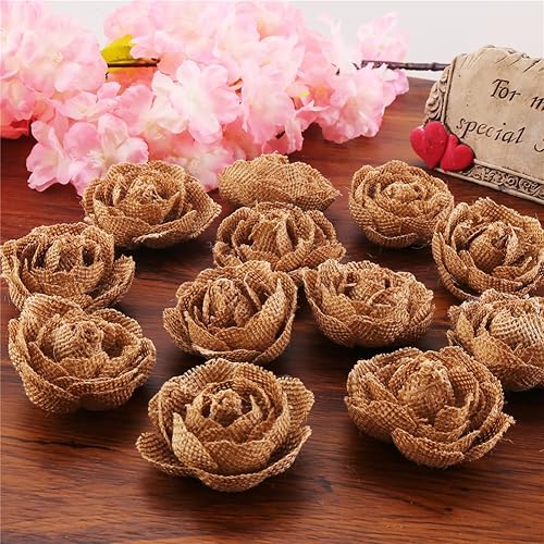 Miniatura 6 de DECORA 12 rosas de arpillera hechas a mano para decoración de bodas, manualidades