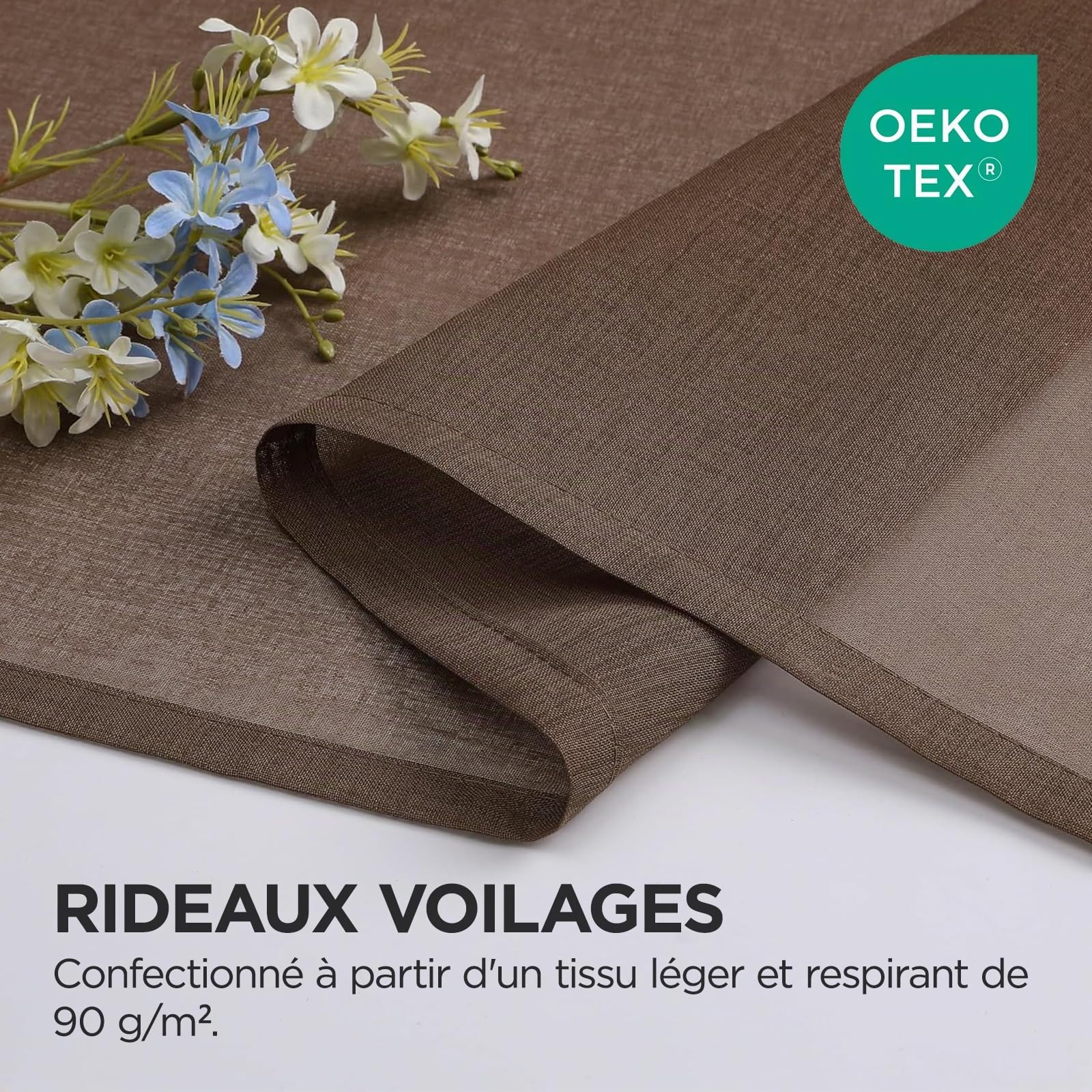 Joydeco Lot de 2 Rideau Voilage Marron 140x260cm avec Galon Fronceur pour Rail, Voilage Fenêtre Semi-Transparent pour Filtrage de Lumière et Décoration de Chambre Salon (Crochets Non Inclus)