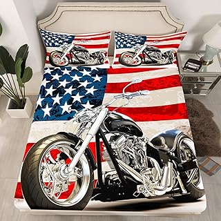 Castle Fairy Cool Motorcycle Fitted Sheet Queen Size,American Flag Classic Motorbike Extreme Sports Soft Decorative Fabric Teens Adults Bedding All-Round Elastic Pocket